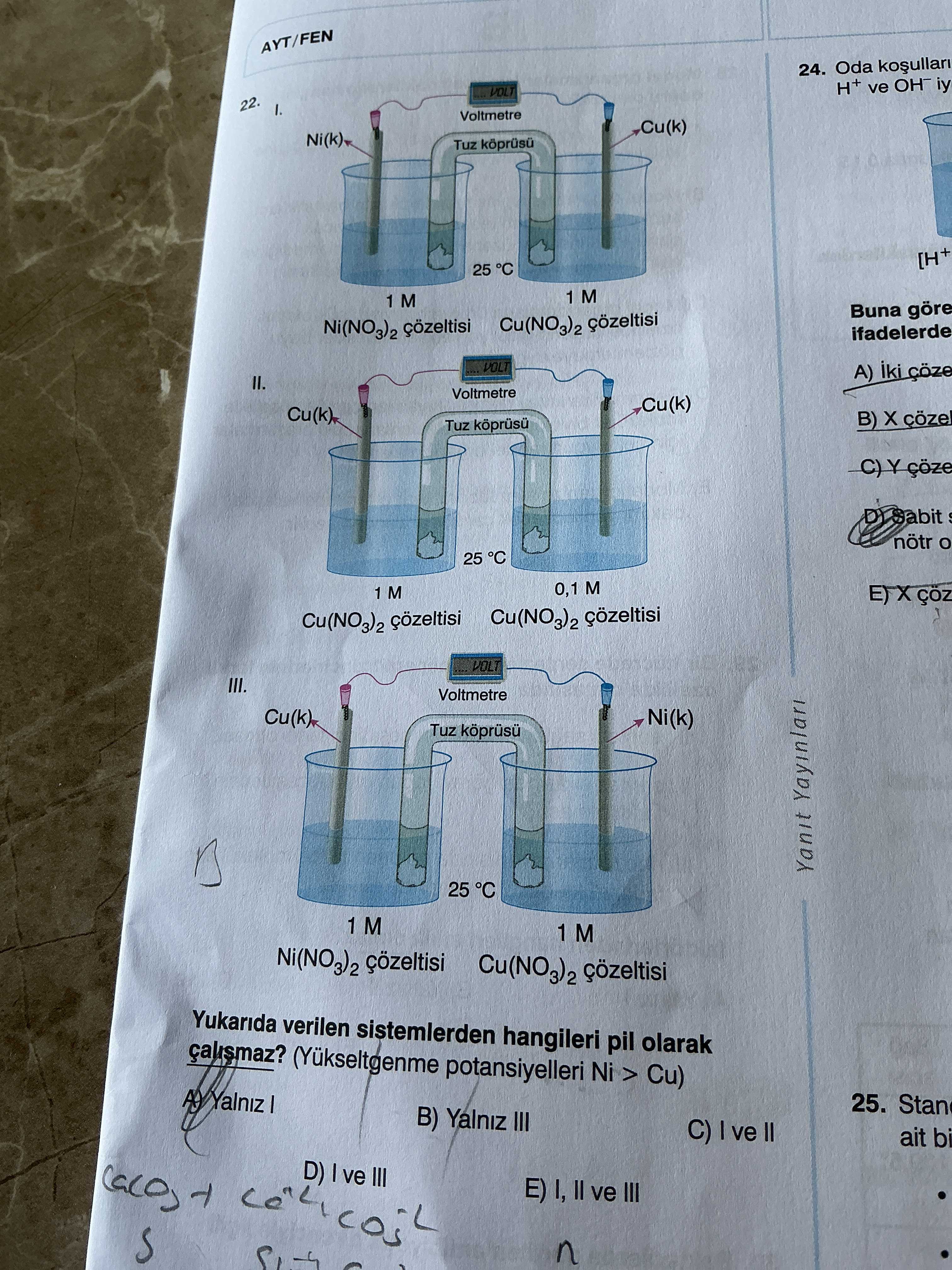 Yukarıda verilen sistemlerden hangileri pil olarak çalışmaz? (Yükseltgenme potansiyelleri Ni > Cu)