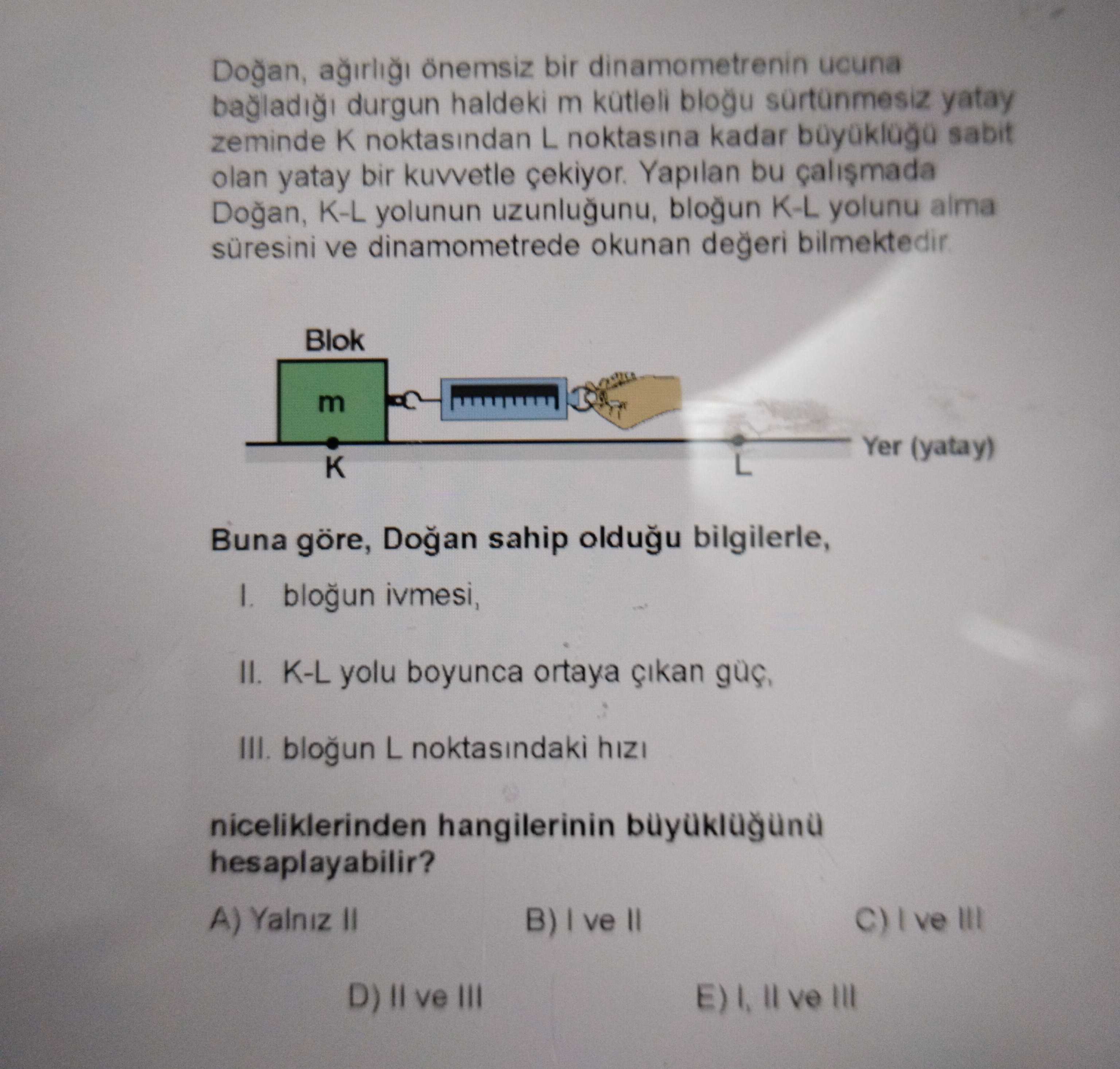 Doğan, ağırlığı önemsiz bir dinamometrenin ucuna bağladığı durgun haldeki m kütleli bloğu sürtünmesiz yatay zeminde K