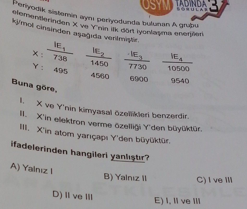 Periyodik sistemin aynı periyodunda bulunan A grubu elementlerinden X ve Y'nin ilk dört iyonlaşma