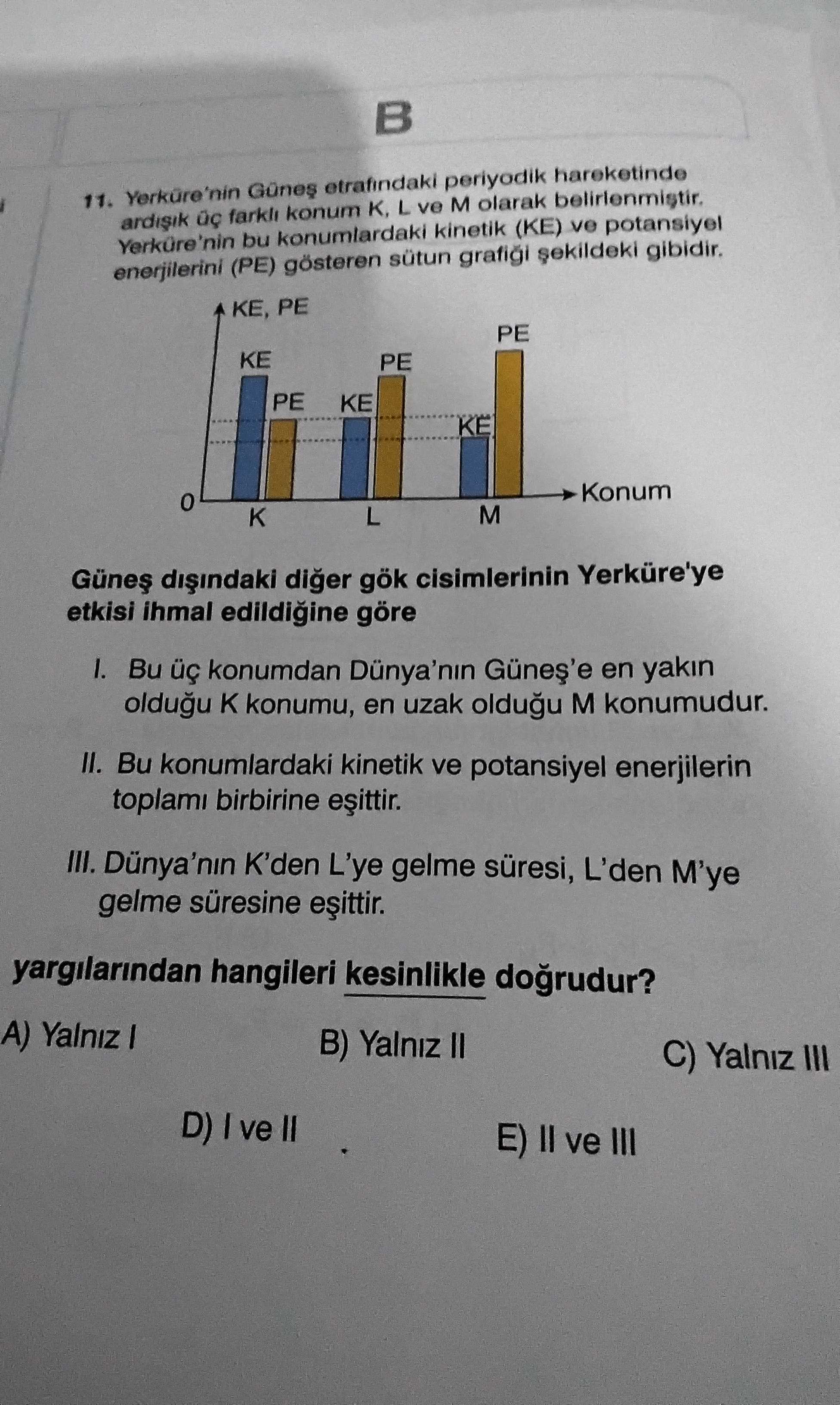 Yerküre'nin Güneş etrafındaki periyodik hareketinde ardışık üç farklı konum K, L ve M olarak