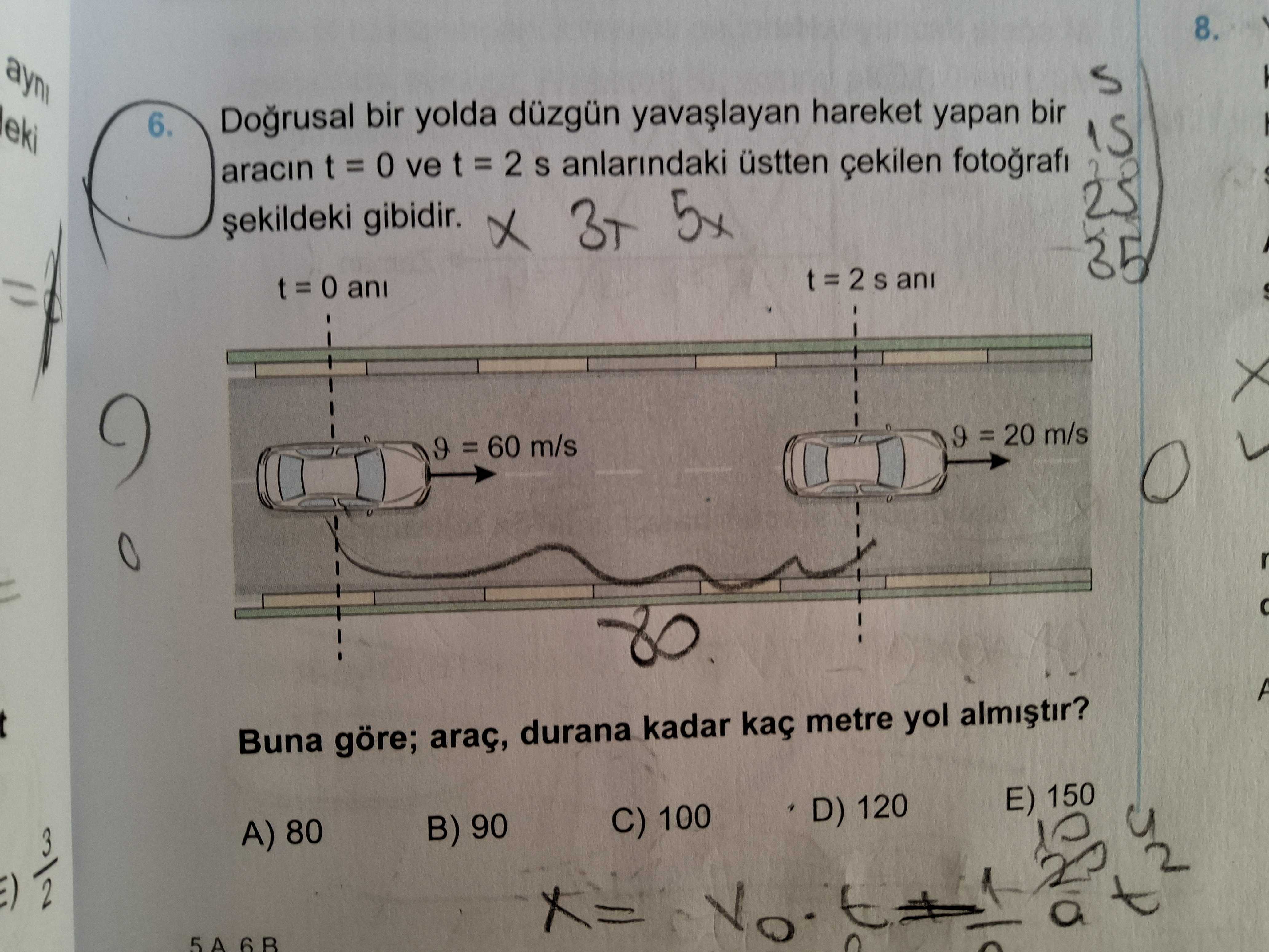 Doğrusal bir yolda düzgün yavaşlayan hareket yapan bir aracın t = 0 ve t = 2 s anlarındaki üstten