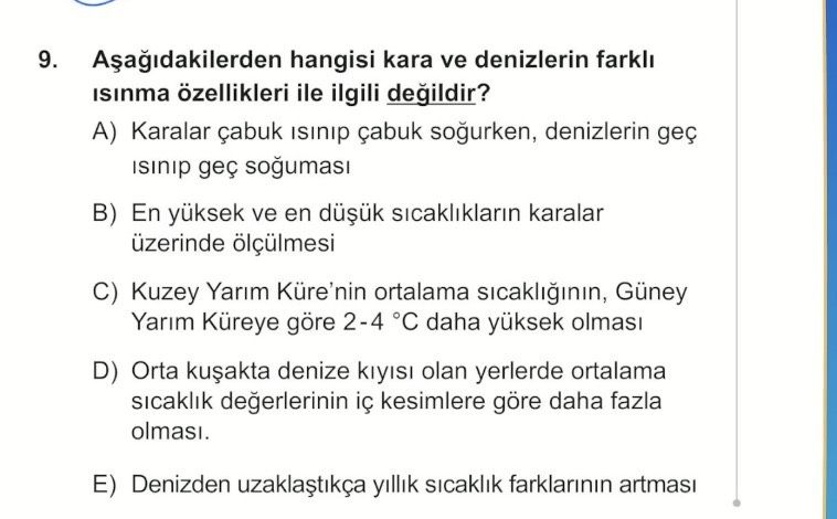 Aşağıdakilerden hangisi kara ve denizlerin farklı ısınma özellikleri ile ilgili değildir?