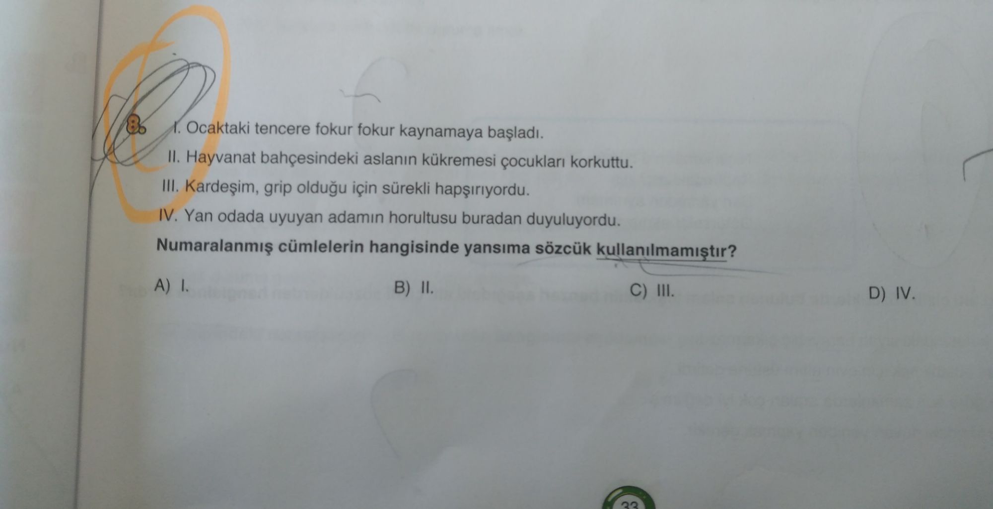 I. Ocaktaki tencere fokur fokur kaynamaya başladı. II. Hayvanat bahçesindeki aslanın kükremesi