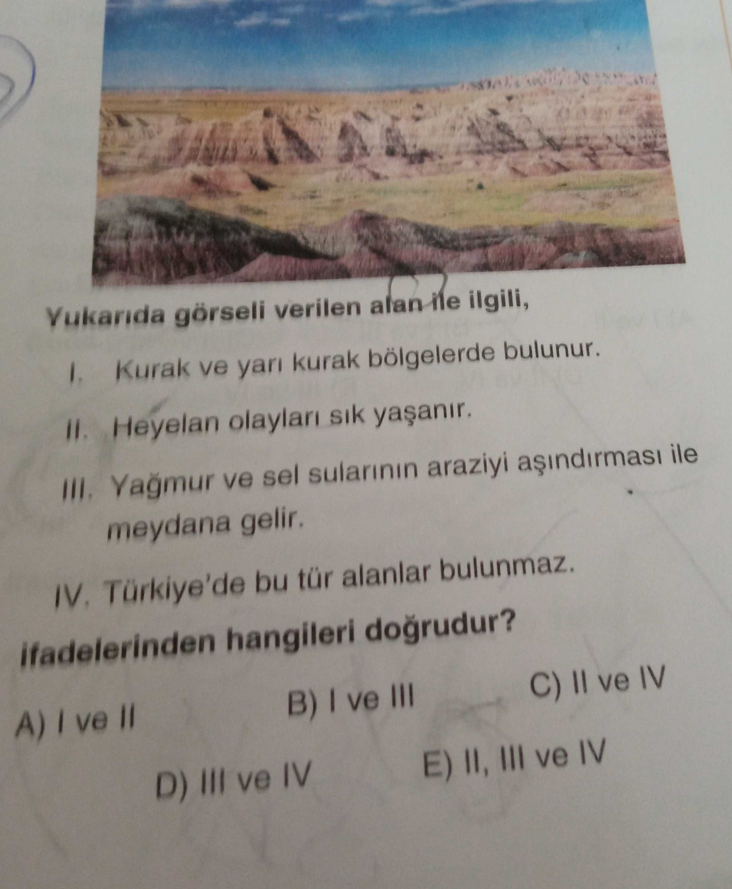 Yukarıda görseli verilen alan ile ilgili, I. Kurak ve yarı kurak bölgelerde bulunur. II. Heyelan