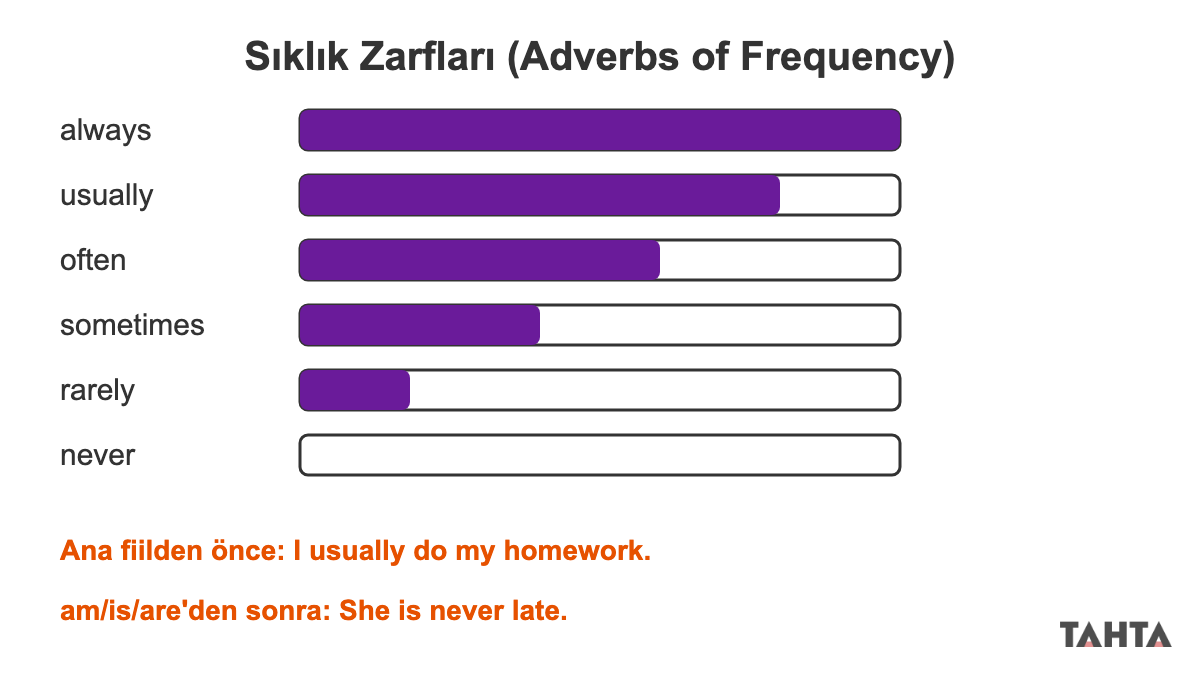İngilizce sıklık zarfları always usually often sometimes rarely never dolum çubuklarıyla ve cümledeki yeri