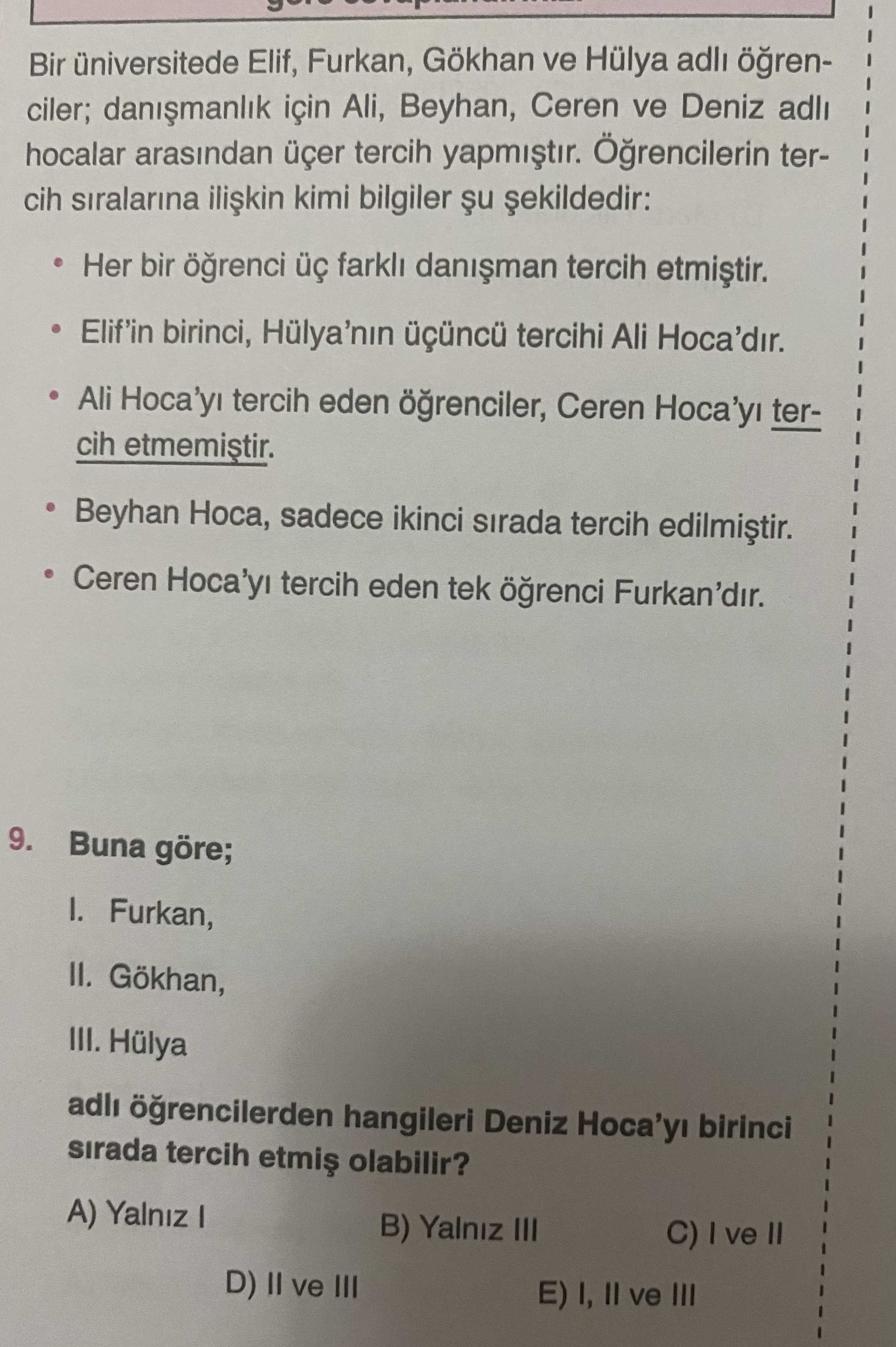 Bir üniversitede Elif, Furkan, Gökhan ve Hülya adlı öğrenciler; danışmanlık için Ali, Beyhan, Ceren