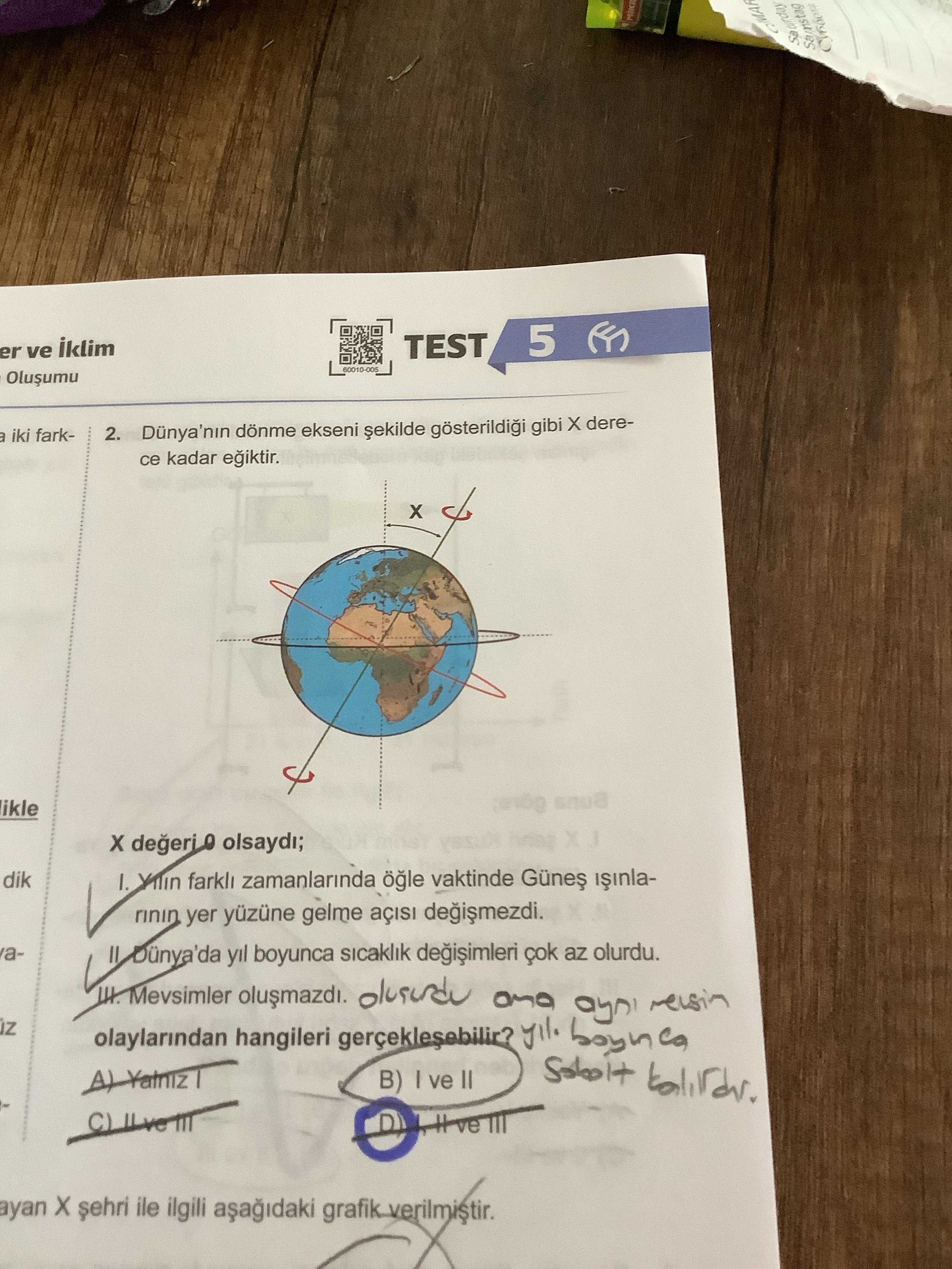 2. Dünya'nın dönme ekseni şekilde gösterildiği gibi X derece kadar eğiktir. X değeri 0 olsaydı; I