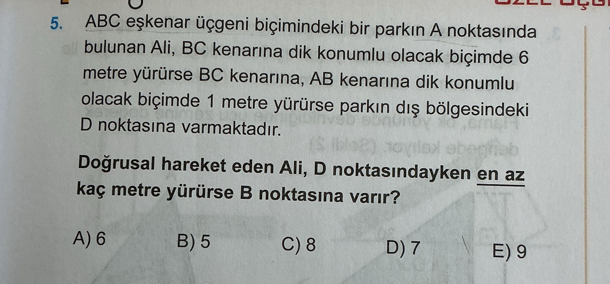 ABC eşkenar üçgeni biçimindeki bir parkın A noktasında bulunan Ali, BC kenarına dik konumlu olacak