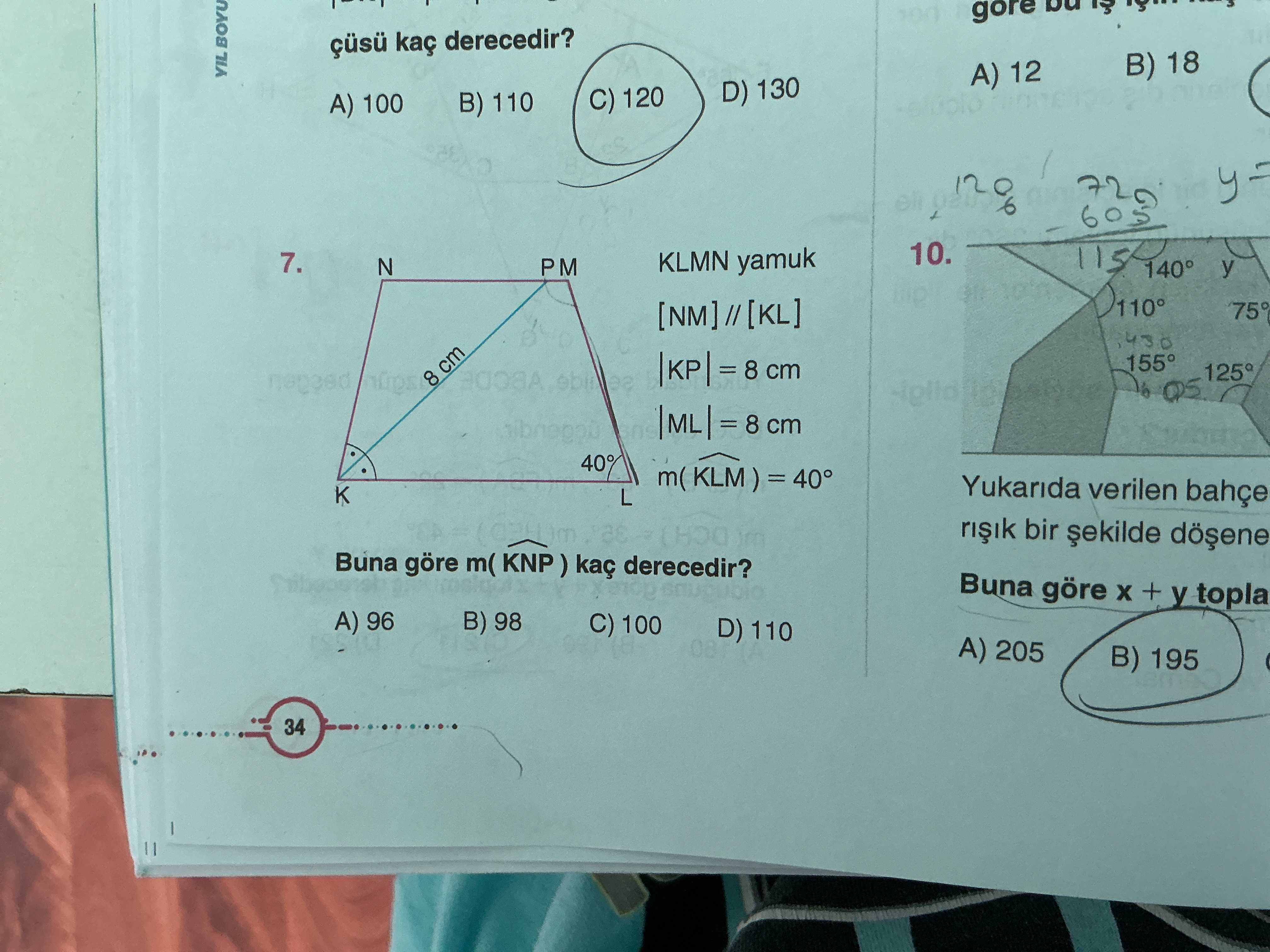 KLMN yamuk [NM] // [KL] |KP| = 8 cm |ML| = 8 cm m( KLM ) = 40° Buna göre m( KNP ) kaç derecedir?