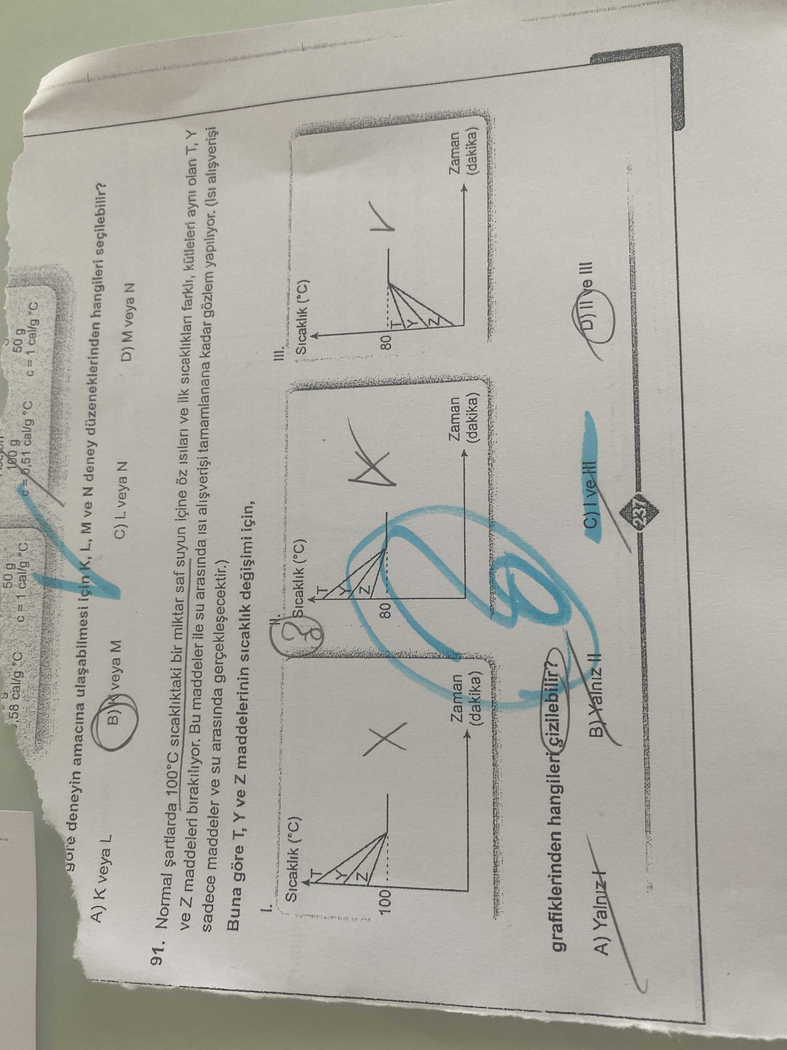 Normal şartlarda 100°C sıcaklıktaki bir miktar saf suyun içine öz ısıları ve ilk sıcaklıkları aynı