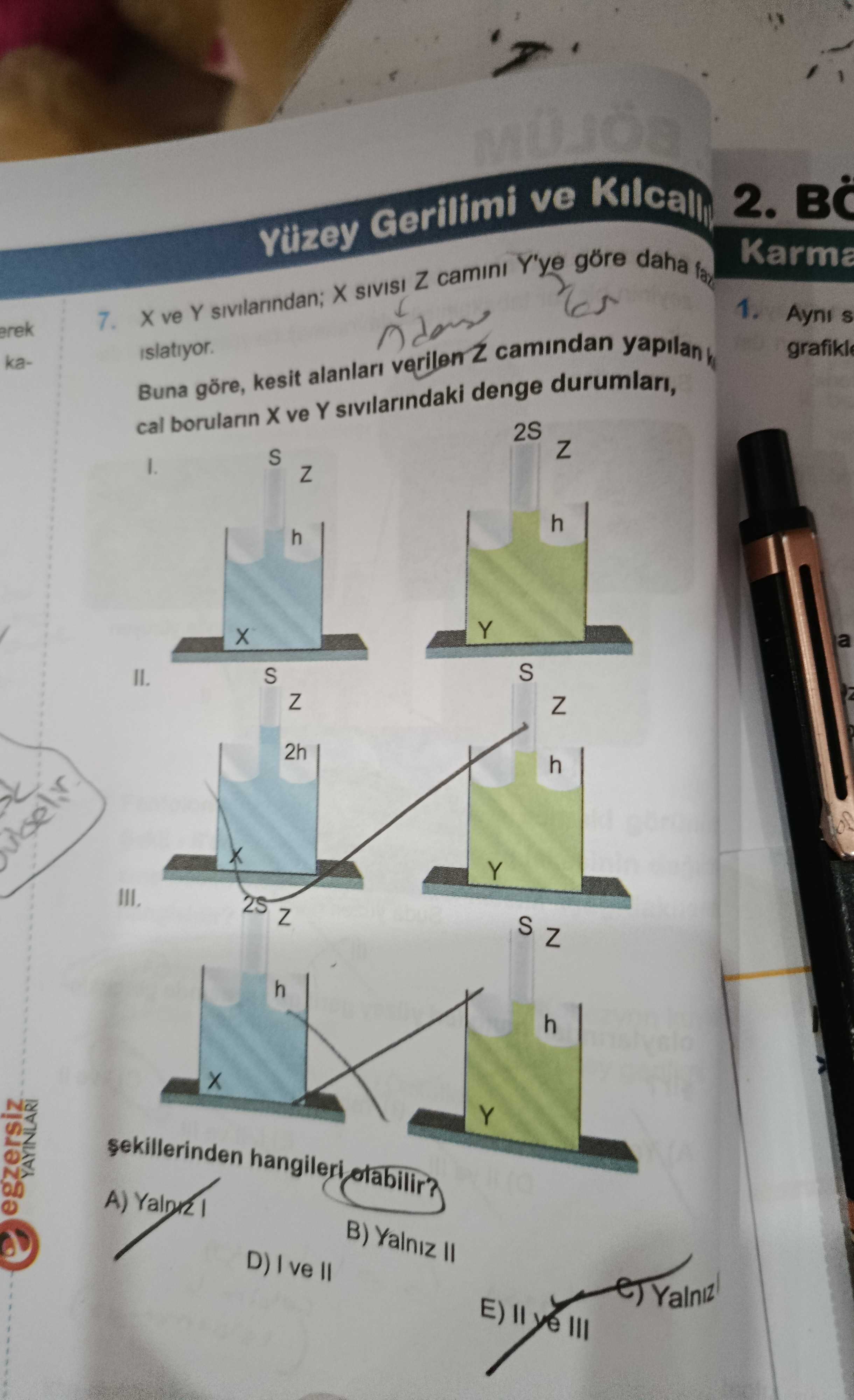 X ve Y sıvılarından; X sıvısı Z camını Y'ye göre daha fazla ıslatıyor. Buna göre, kesit alanları