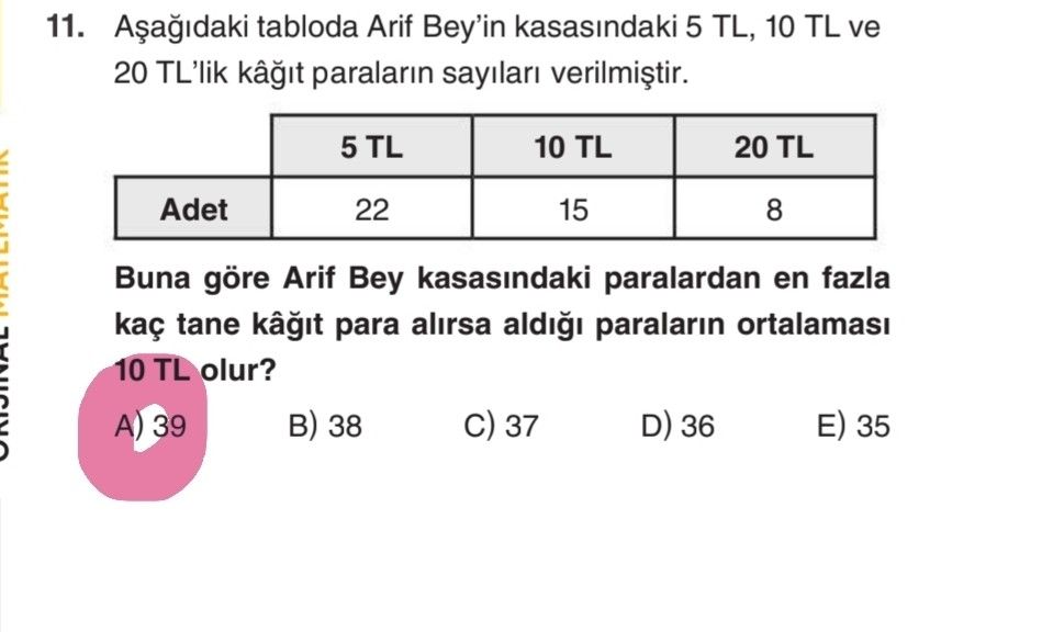 Aşağıdaki tabloda Arif Bey'in kasasındaki 5 TL, 10 TL ve 20 TL'lik kâğıt paraların sayıları