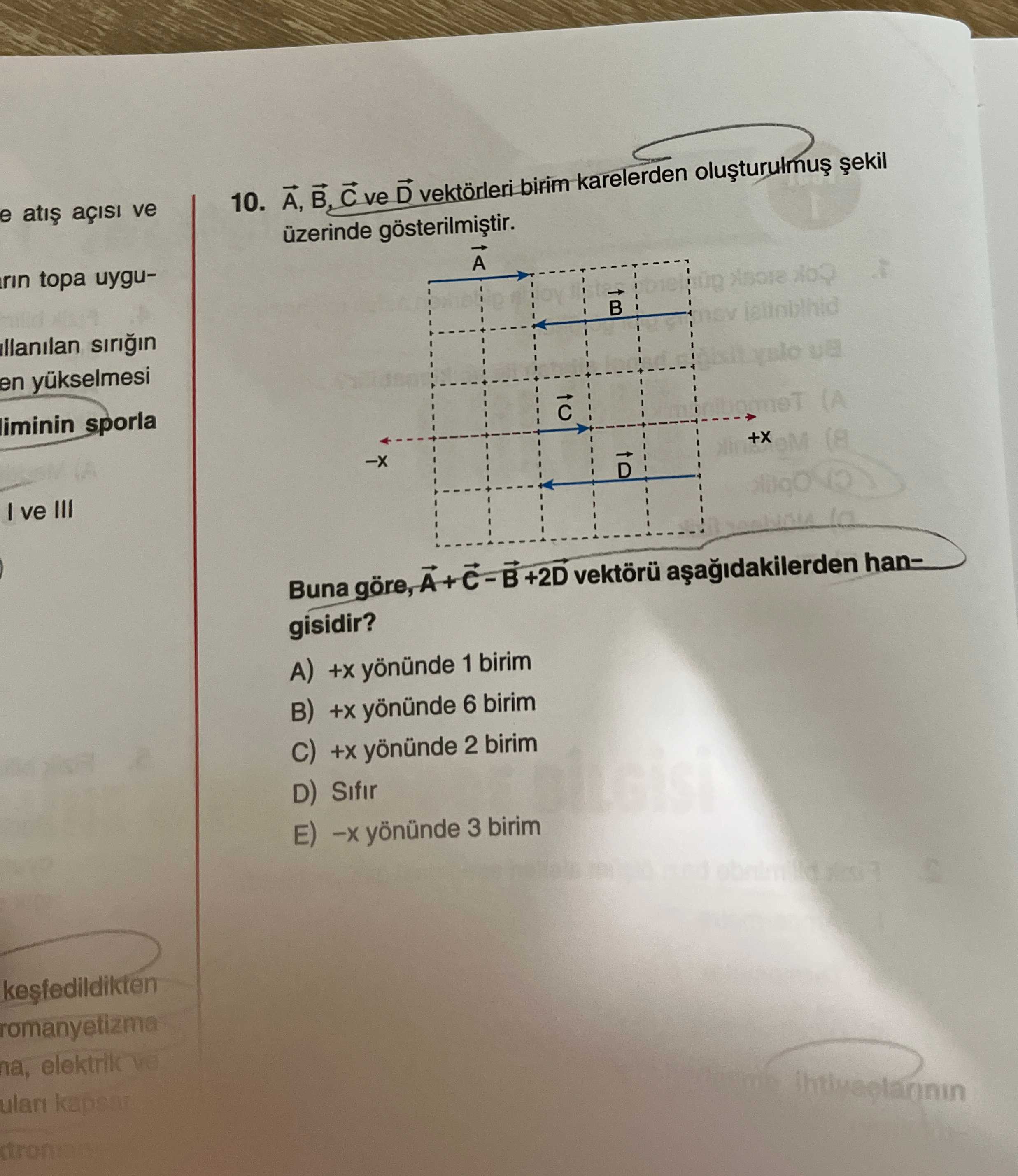 A, B, C ve D vektörleri birim karelerden oluşturulmuş şekil üzerinde gösterilmiştir. Buna göre, A⃗ +