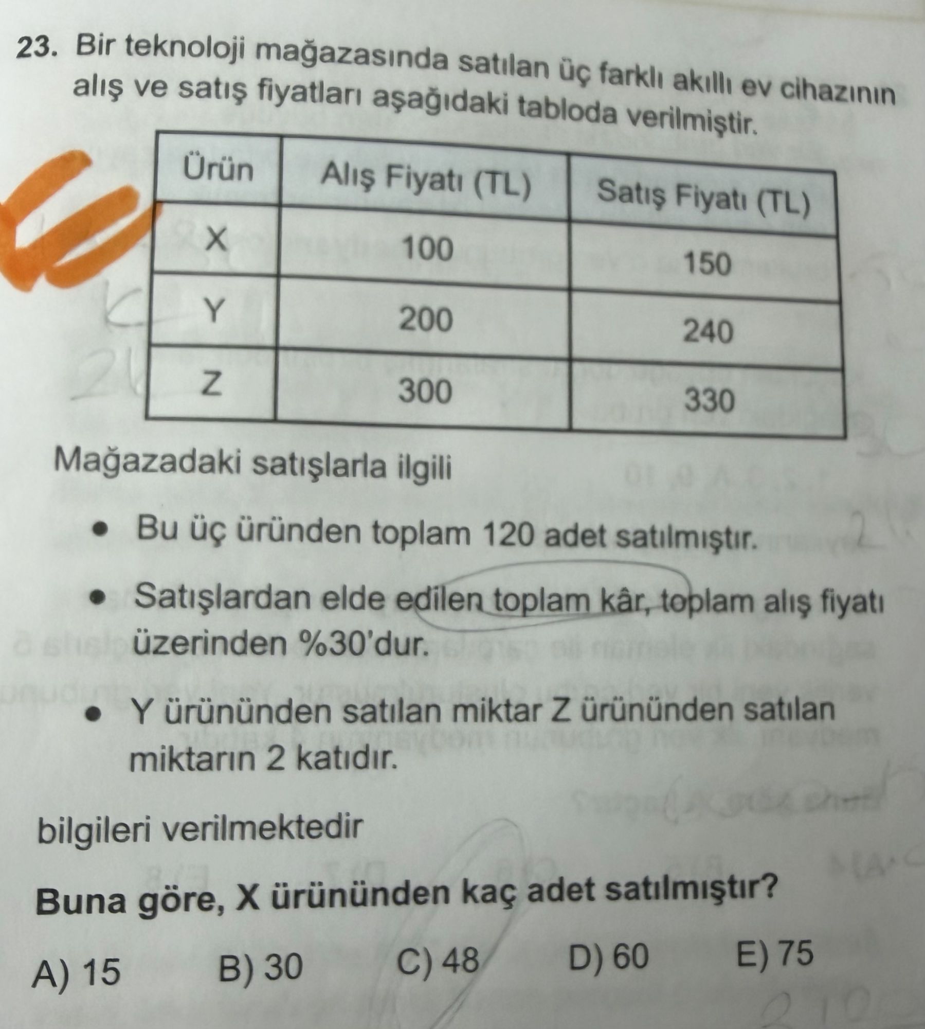 Bir teknoloji mağazasında satılan üç farklı akıllı ev cihazının alış ve satış fiyatları aşağıdaki