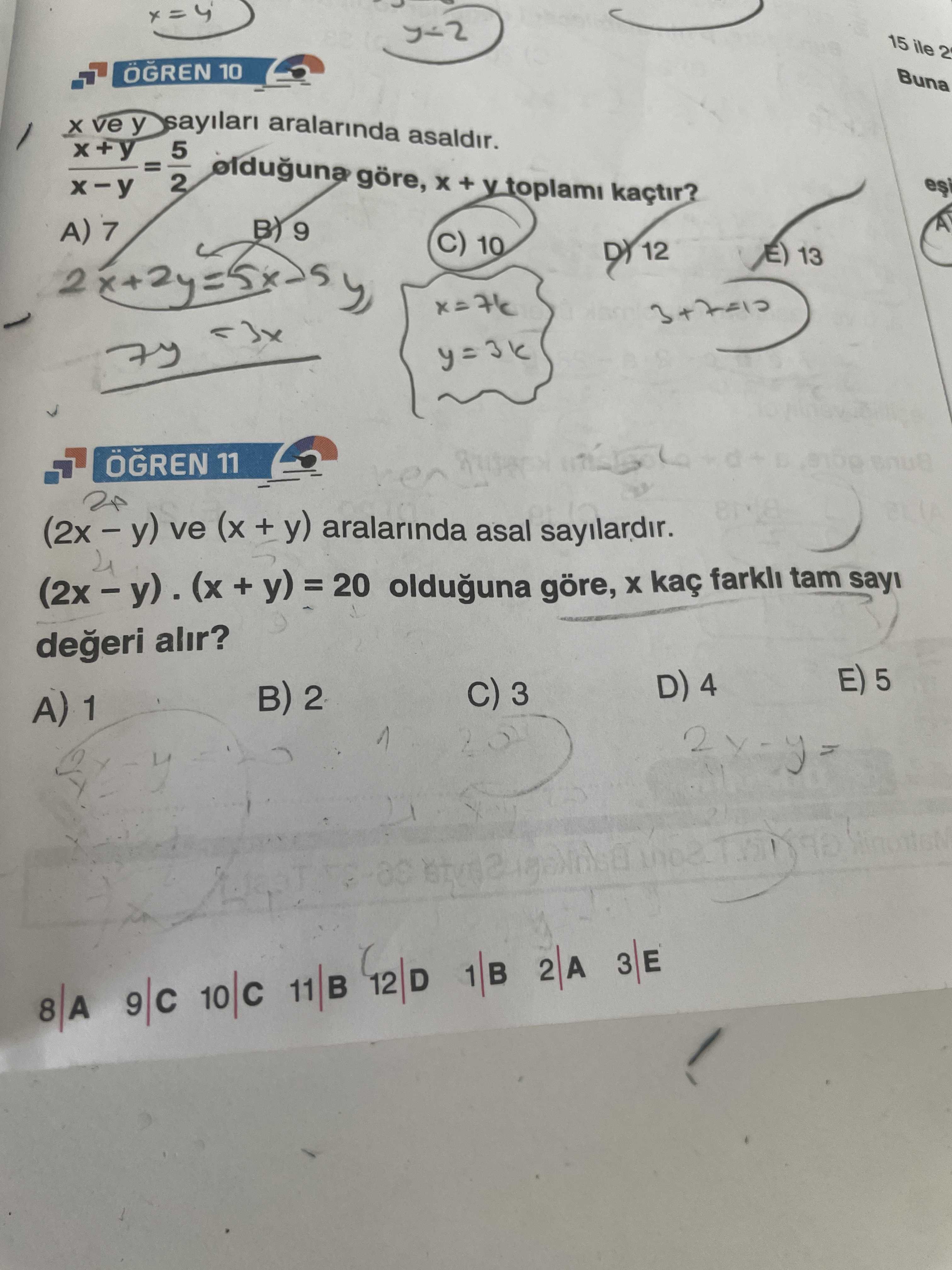 x ve y sayıları aralarında asaldır. (x + y) / (x − y) = 5/2 olduğuna göre, x + y toplamı kaçtır?