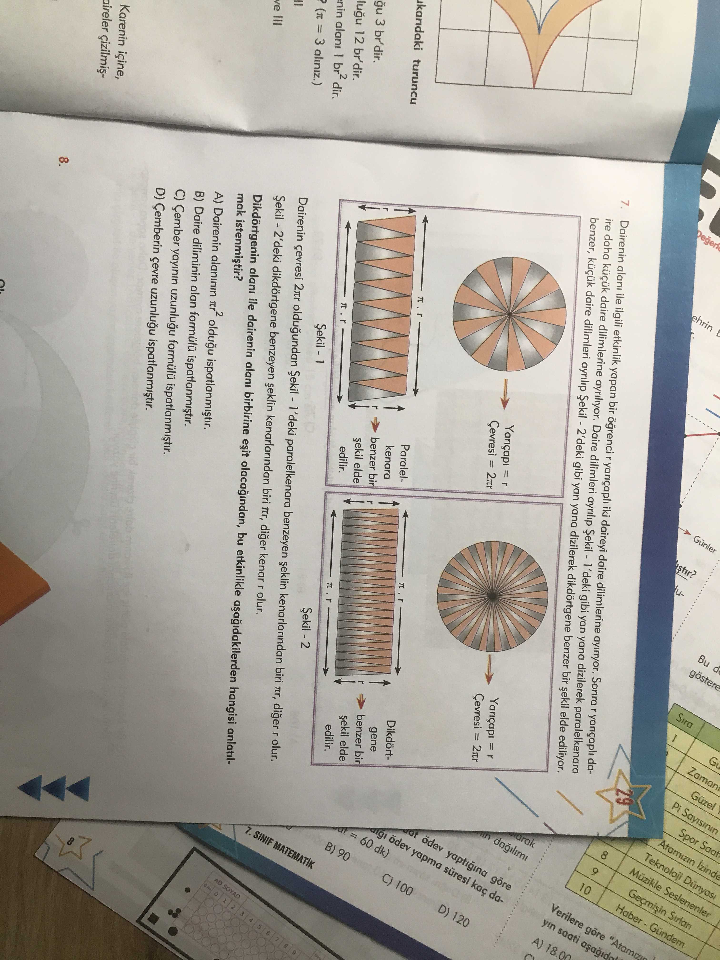 Dairenin alanı ile ilgili etkinlik yapan bir öğrenci r yarıçaplı iki daireyi daire dilimlerine