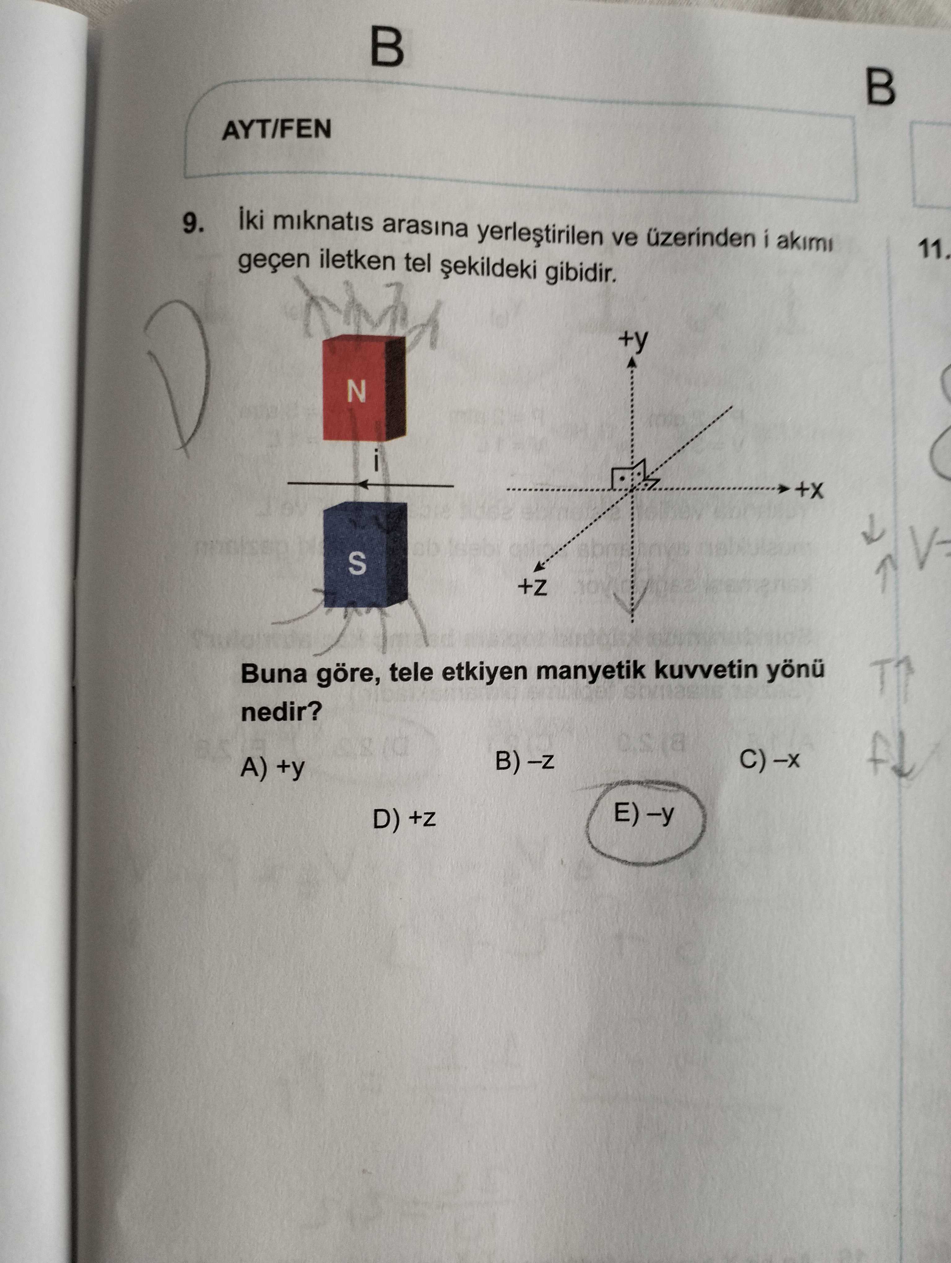 İki mıknatıs arasına yerleştirilen ve üzerinden i akımı geçen iletken tel şekildeki gibidir. Buna