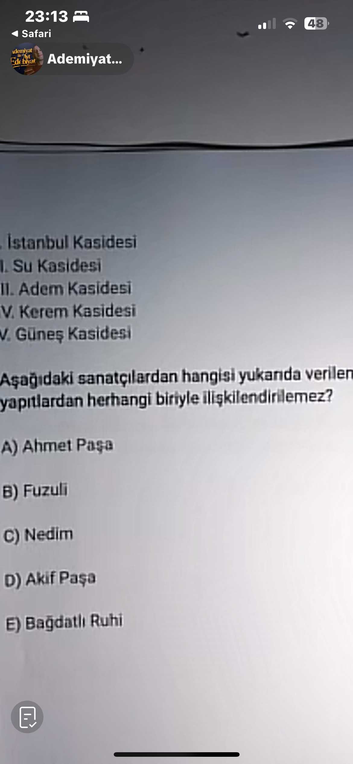 I. İstanbul Kasidesi II. Su Kasidesi III. Adem Kasidesi IV. Kerem Kasidesi V. Güneş Kasidesi
