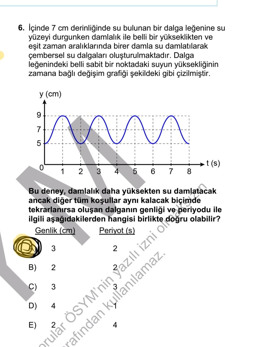 İçinde 7 cm derinliğinde su bulunan bir dalga leğenine su yüzeyi durgunken damlalık ile belli bir