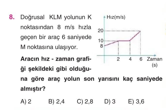 Doğrusal KLM yolunun K noktasından 8 m/s hızla geçen bir araç 6 saniyede M noktasına ulaşıyor