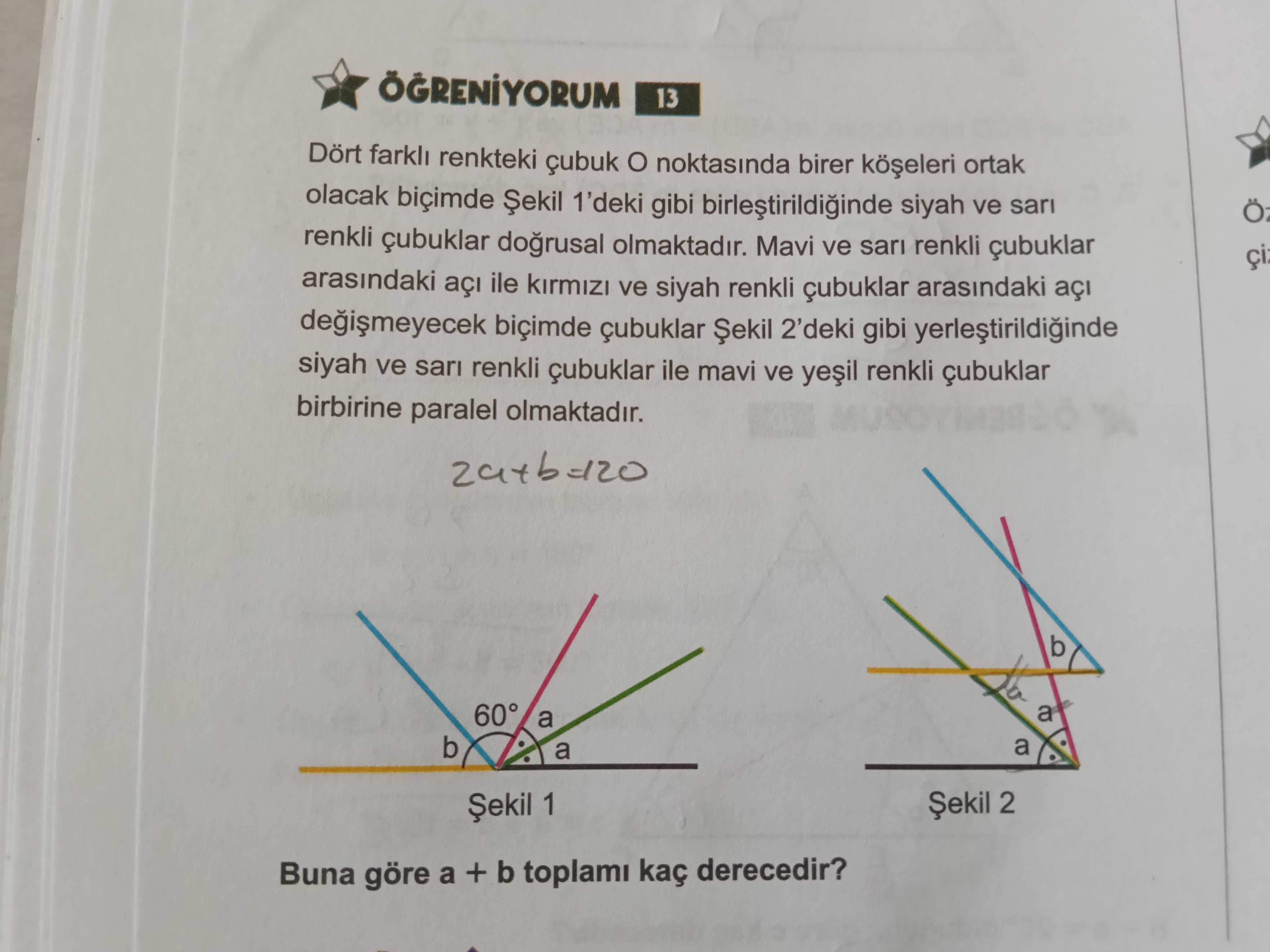 Dört farklı renkteki çubuk O noktasında birer köşeleri ortak olacak biçimde Şekil 1'deki gibi