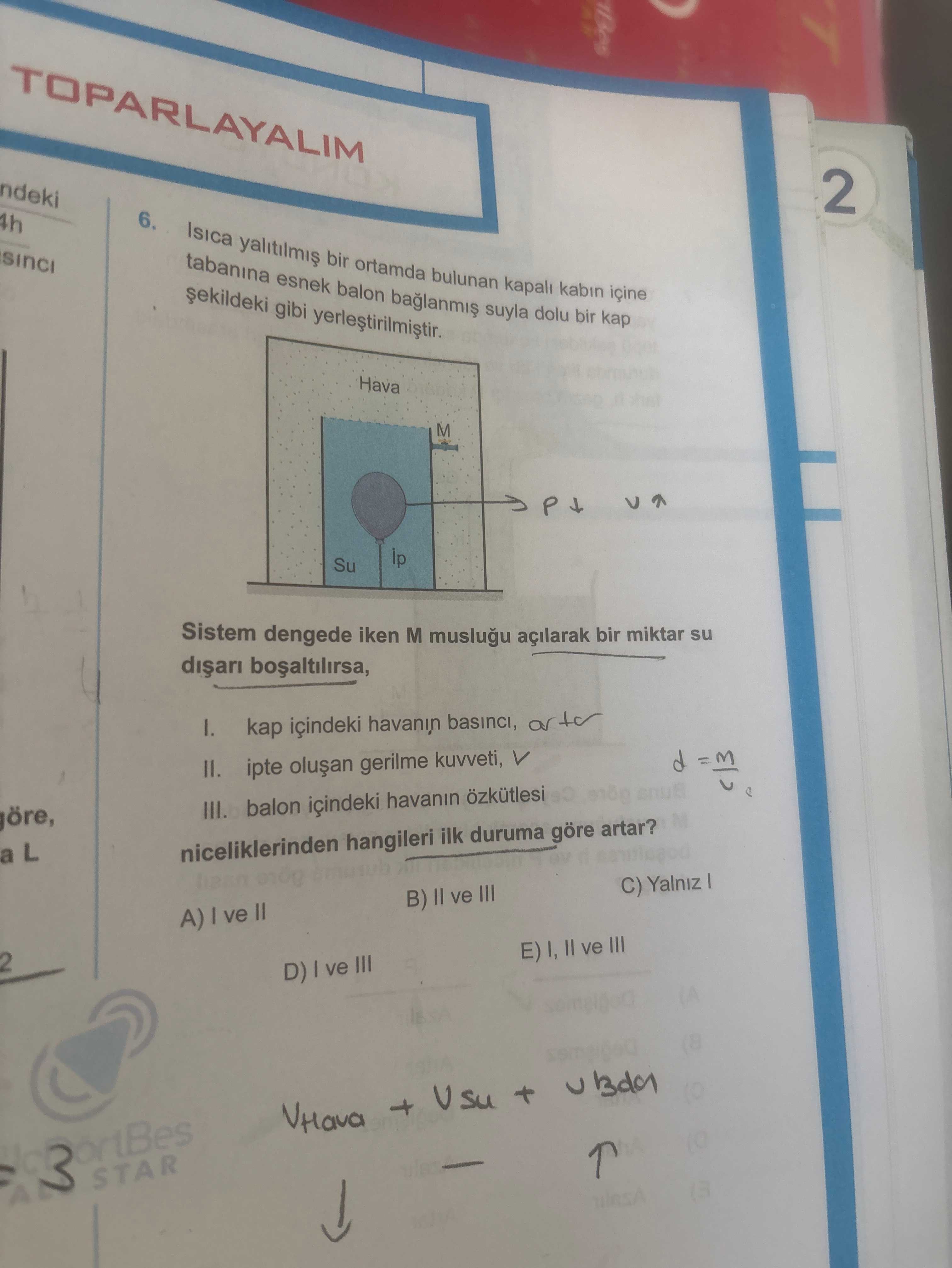 Isıca yalıtılmış bir ortamda bulunan kapalı kabın içine tabanına esnek balon bağlanmış suyla dolu