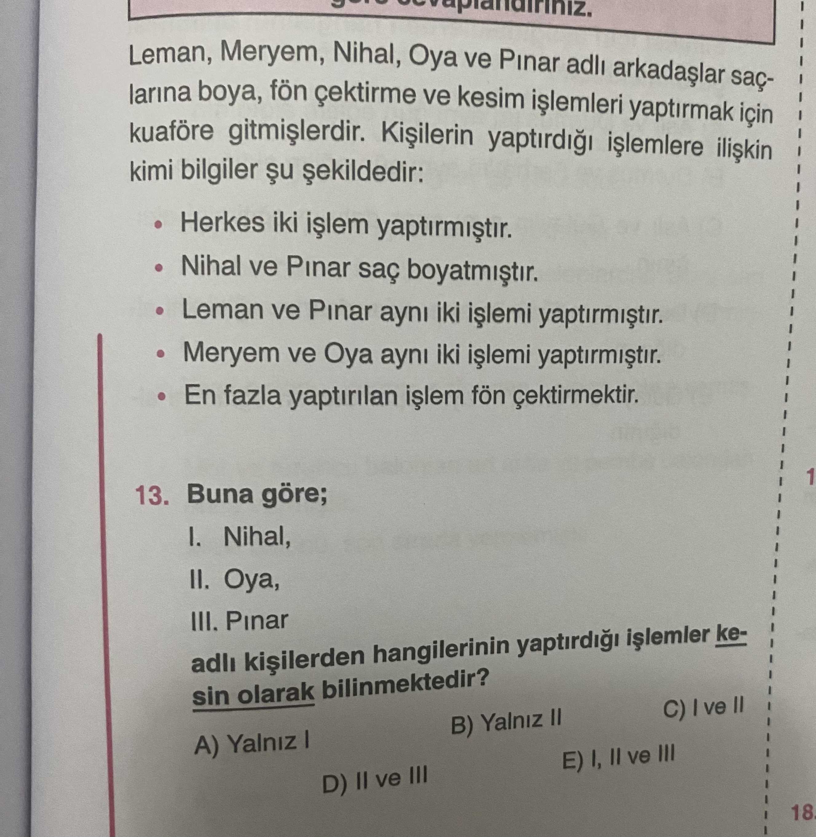 Leman, Meryem, Nihal, Oya ve Pınar adlı arkadaşlar saçlarına boya, fön çektirme ve kesim işlemleri