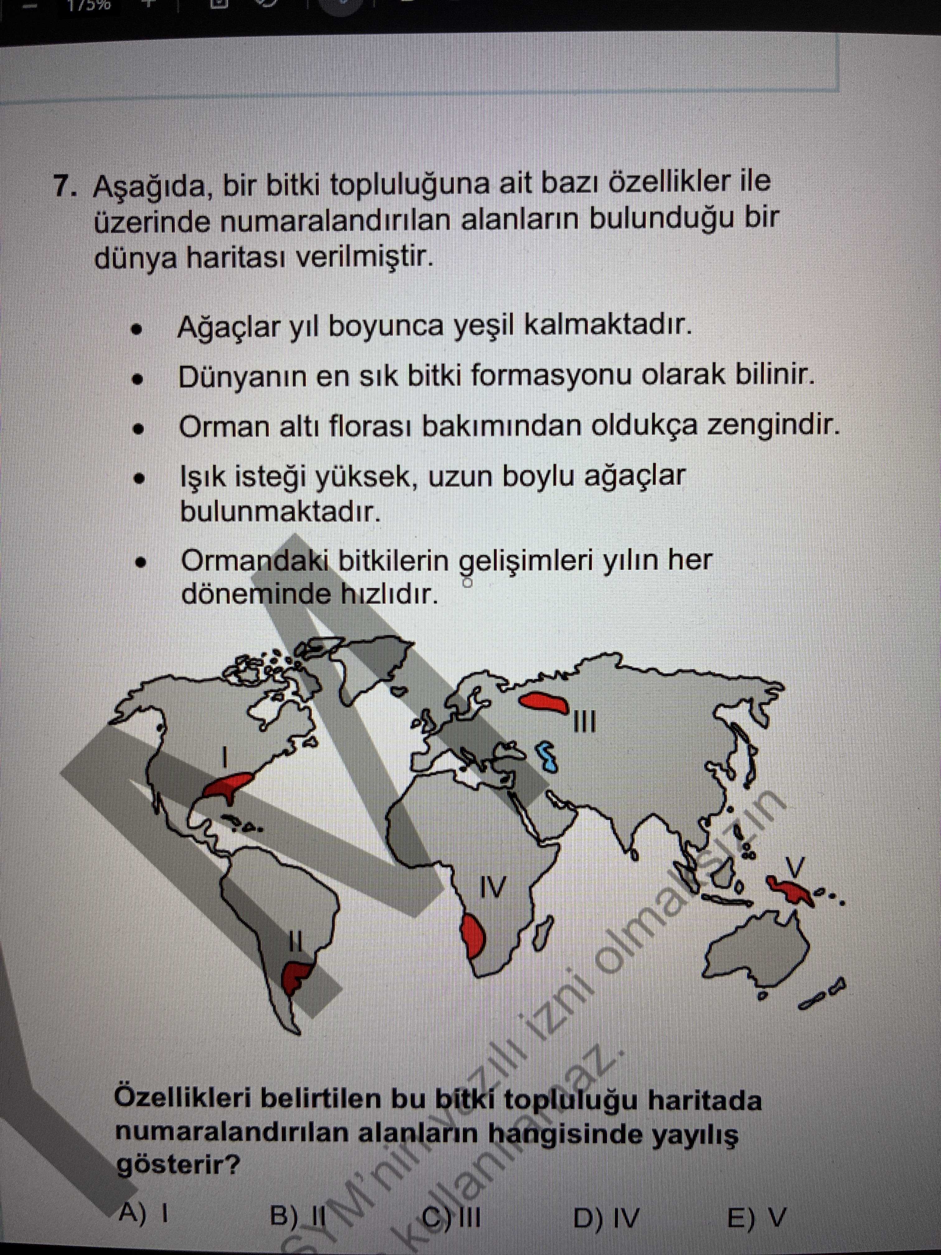 Aşağıda, bir bitki topluluğuna ait bazı özellikler ile üzerinde numaralandırılan alanların bulunduğu