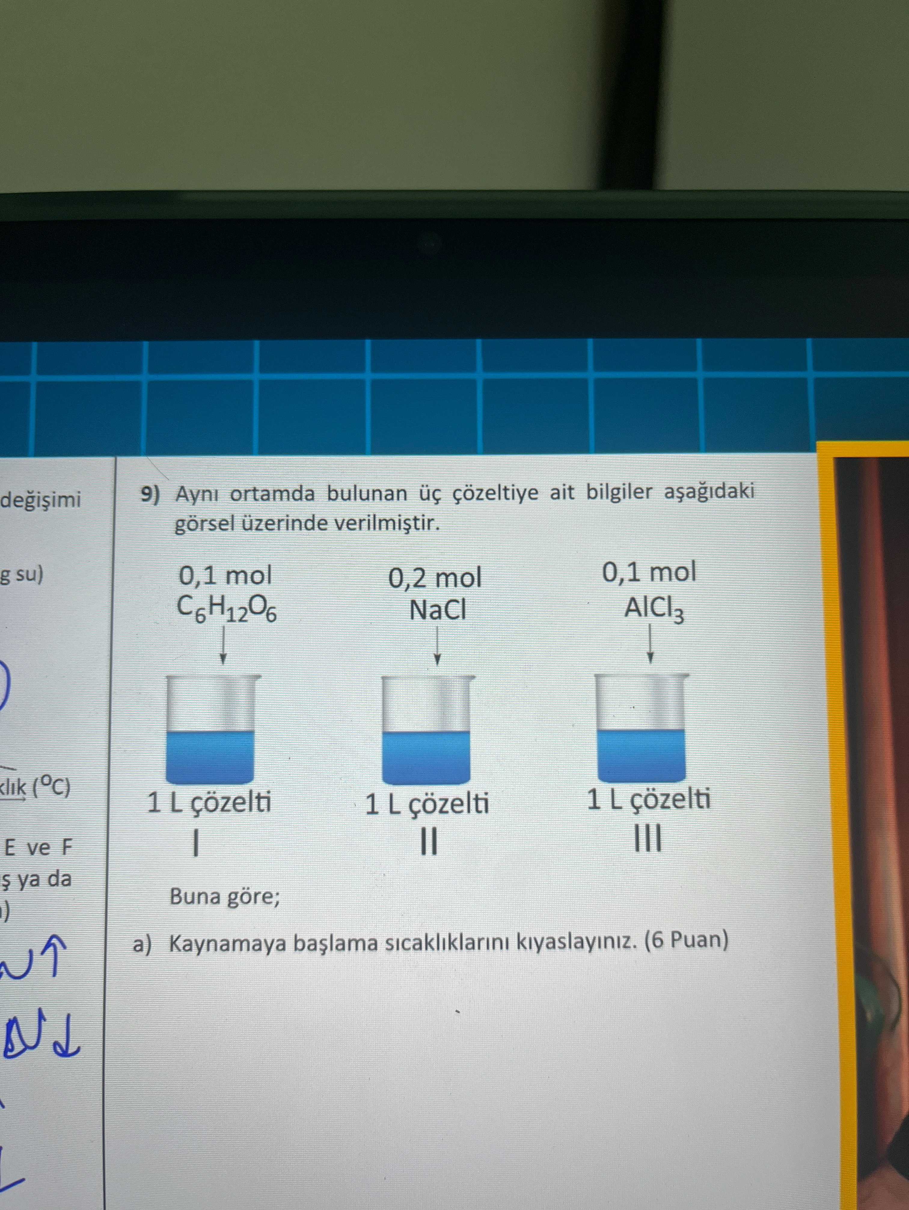 Aynı ortamda bulunan üç çözeltiye ait bilgiler aşağıdaki görsel üzerinde verilmiştir. 0,1 mol