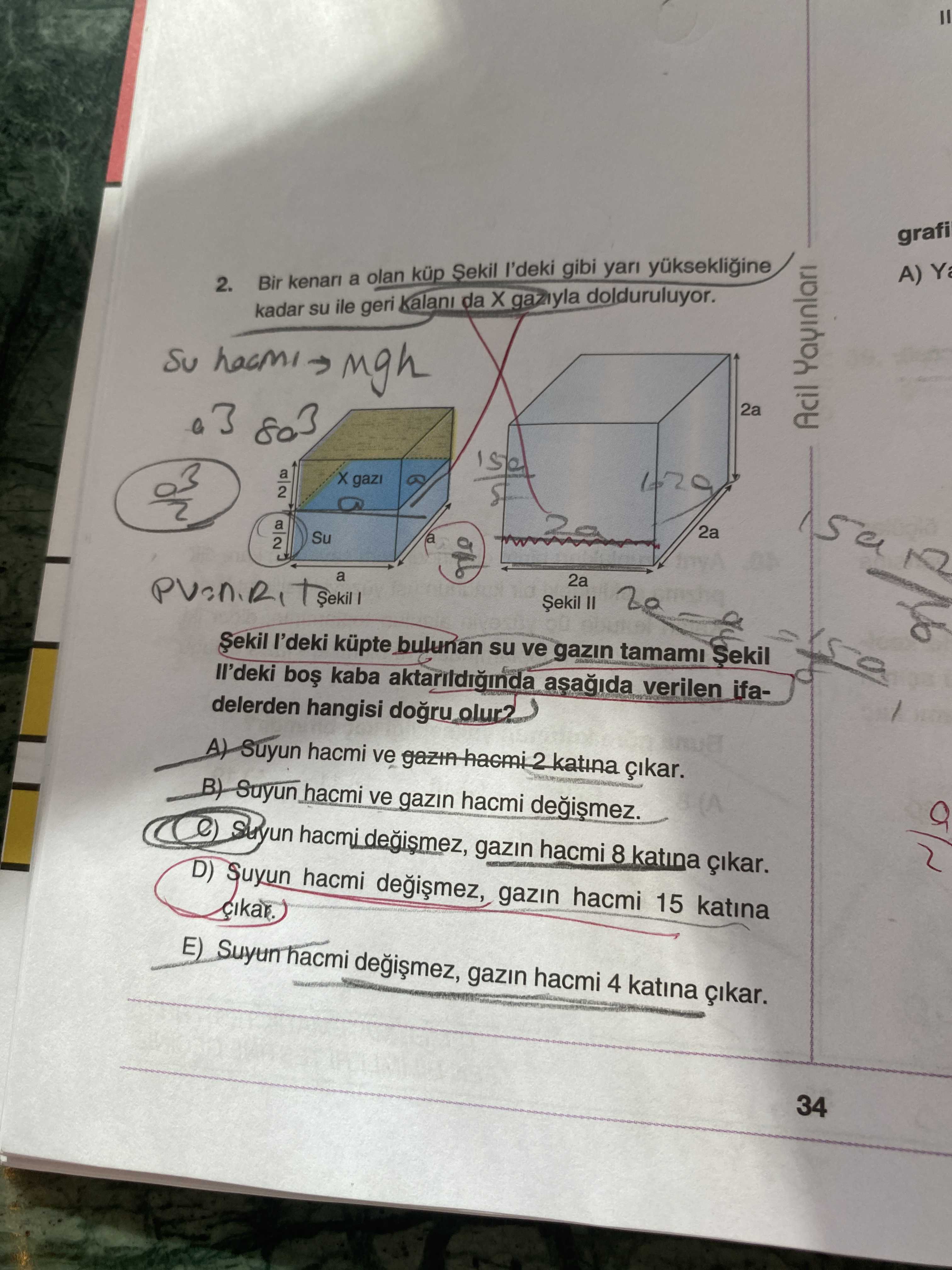 Bir kenarı a olan küp Şekil I'deki gibi yarı yüksekliğine kadar su ile geri kalanı da X gazıyla