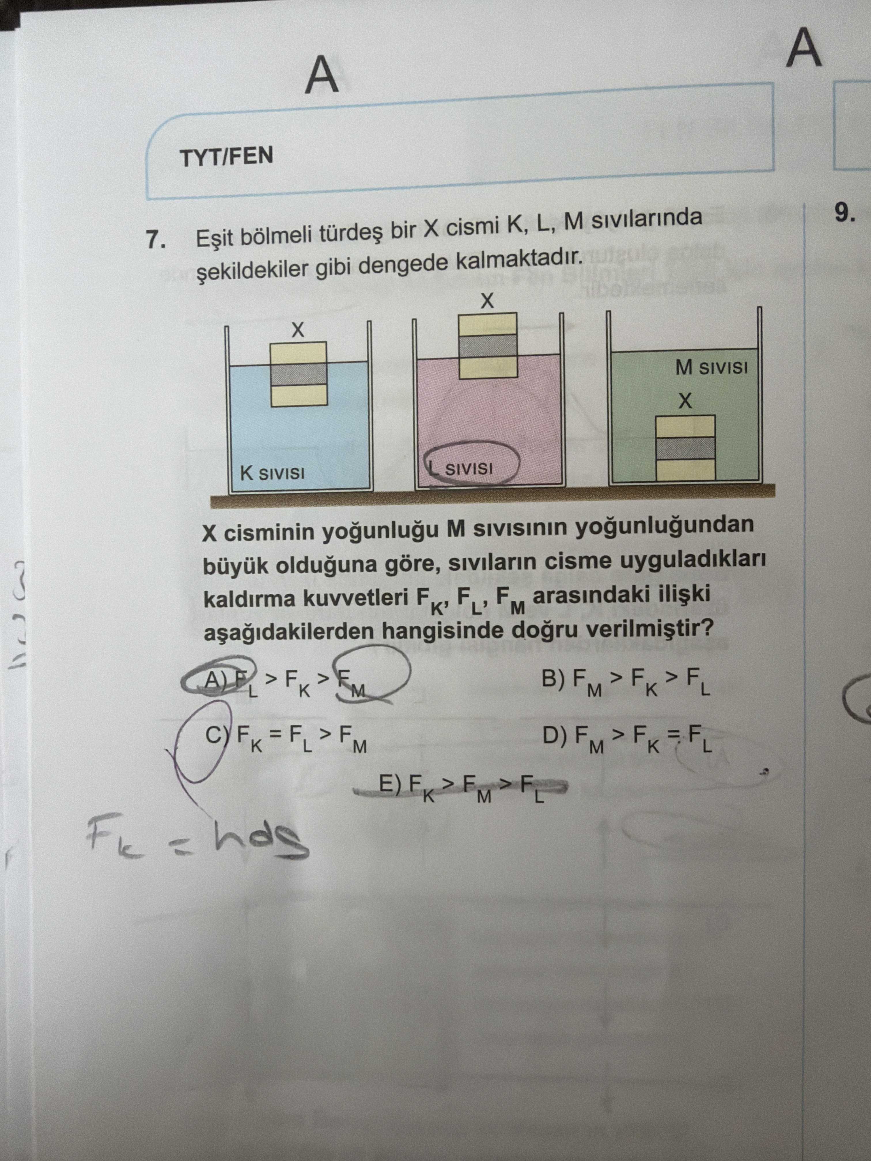 Eşit bölmeli türdeş bir X cismi K, L, M sıvılarında şekildekiler gibi dengede kalmaktadır. X