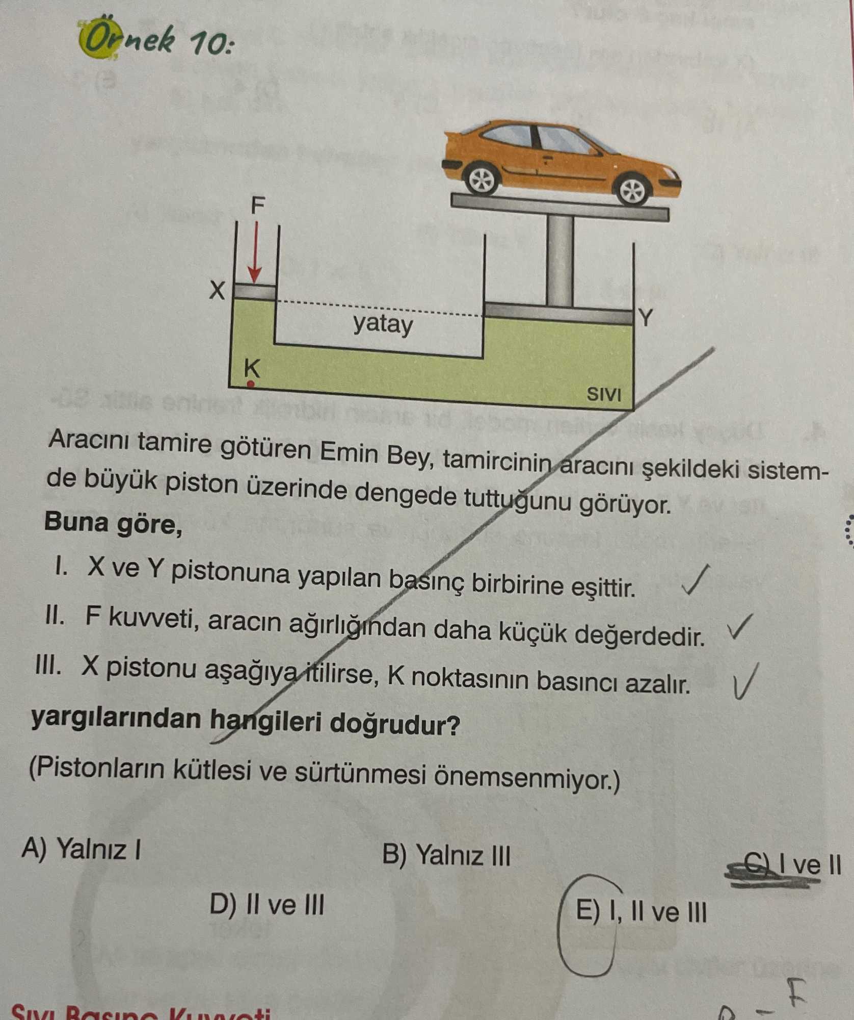 Aracını tamire götüren Emin Bey, tamircinin aracını şekildeki sistemde büyük piston üzerinde dengede