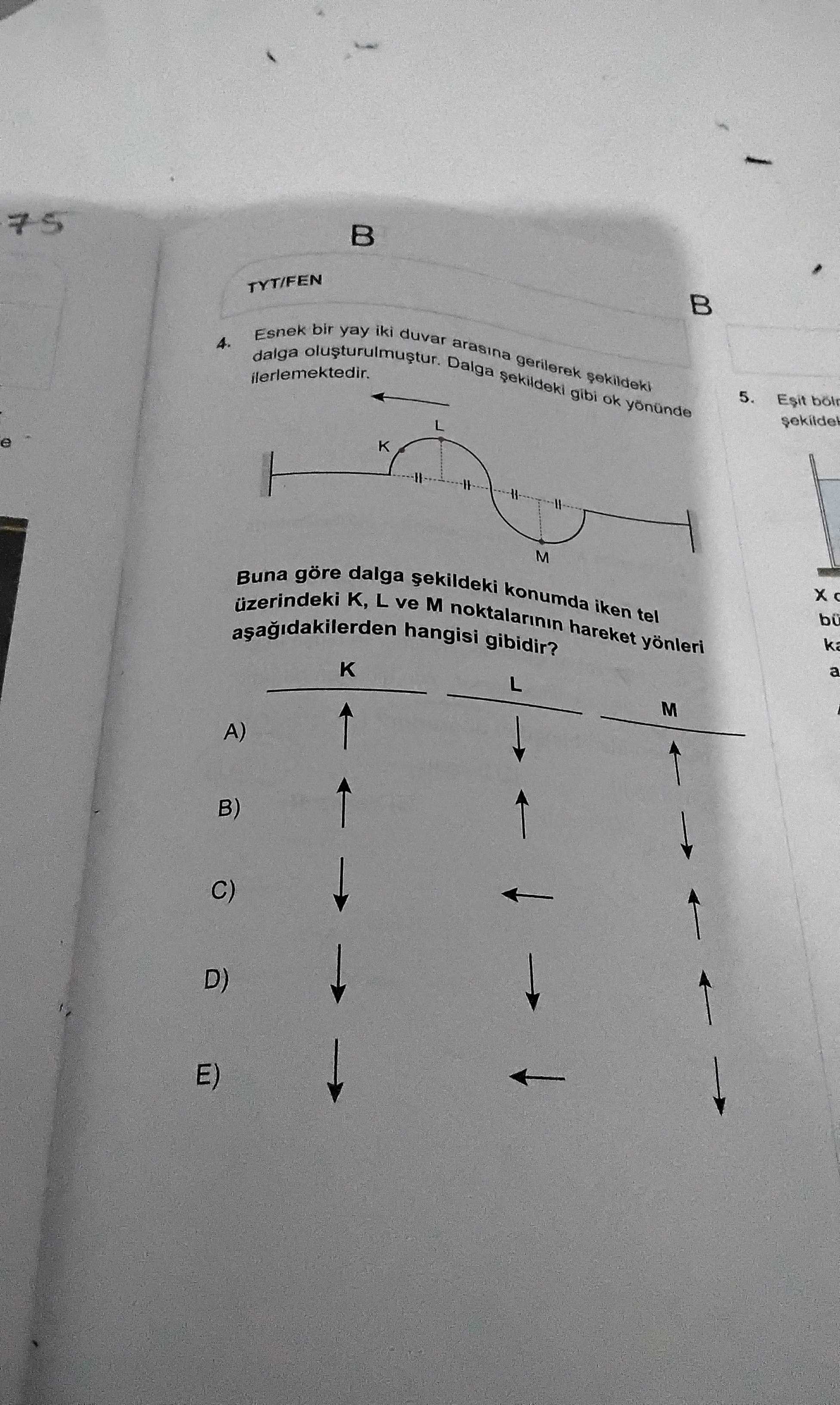 Esnek bir yay iki duvar arasına gerilerek şekildeki dalga oluşturulmuştur. Dalga şekildeki gibi ok