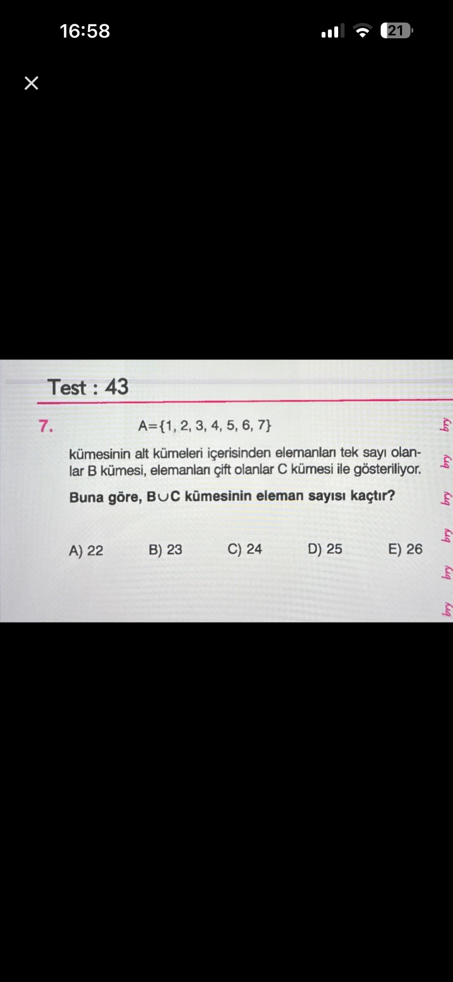 A={1, 2, 3, 4, 5, 6, 7} kümesinin alt kümeleri içerisinden elemanları tek sayı olanlar B kümesi