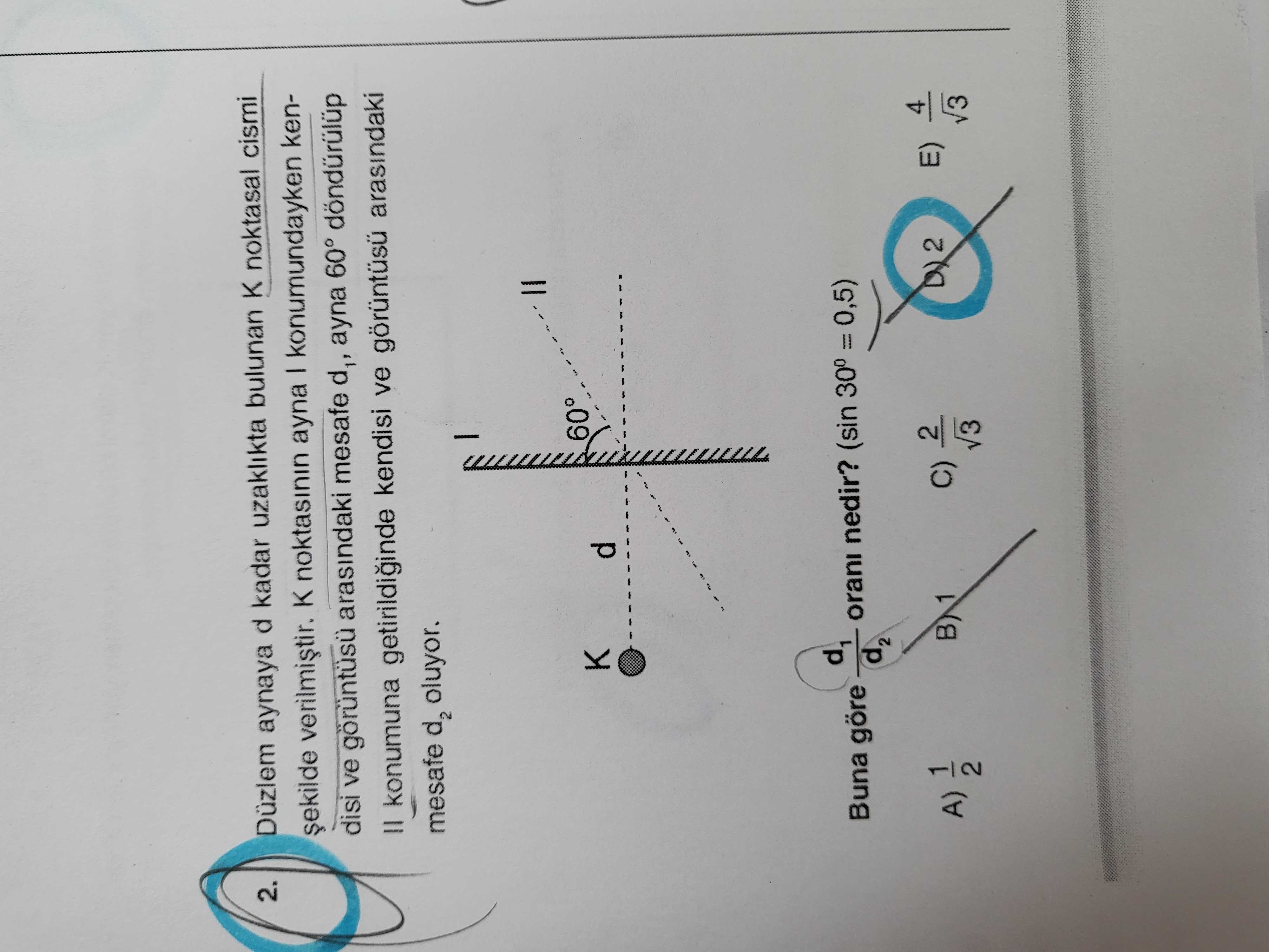 Düzlem aynaya d kadar uzaklıkta bulunan K noktasal cismi şekilde verilmiştir. K noktasının ayna I