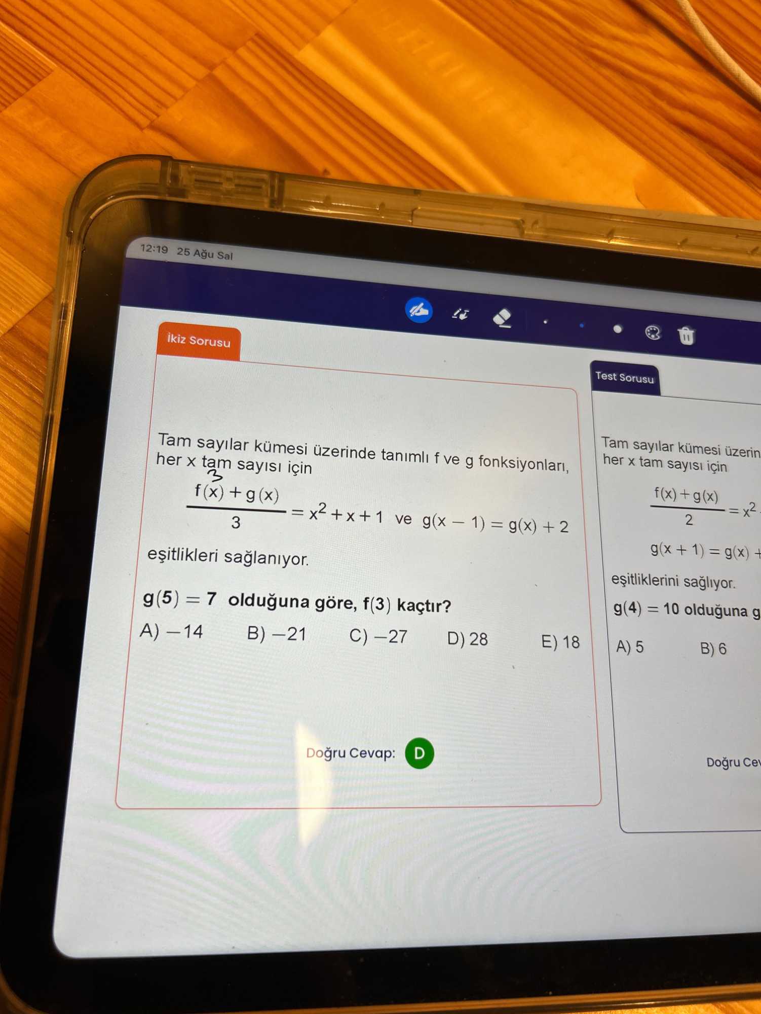 Tam sayılar kümesi üzerinde tanımlı f ve g fonksiyonları, her x tam sayısı için f(x) + g(x)