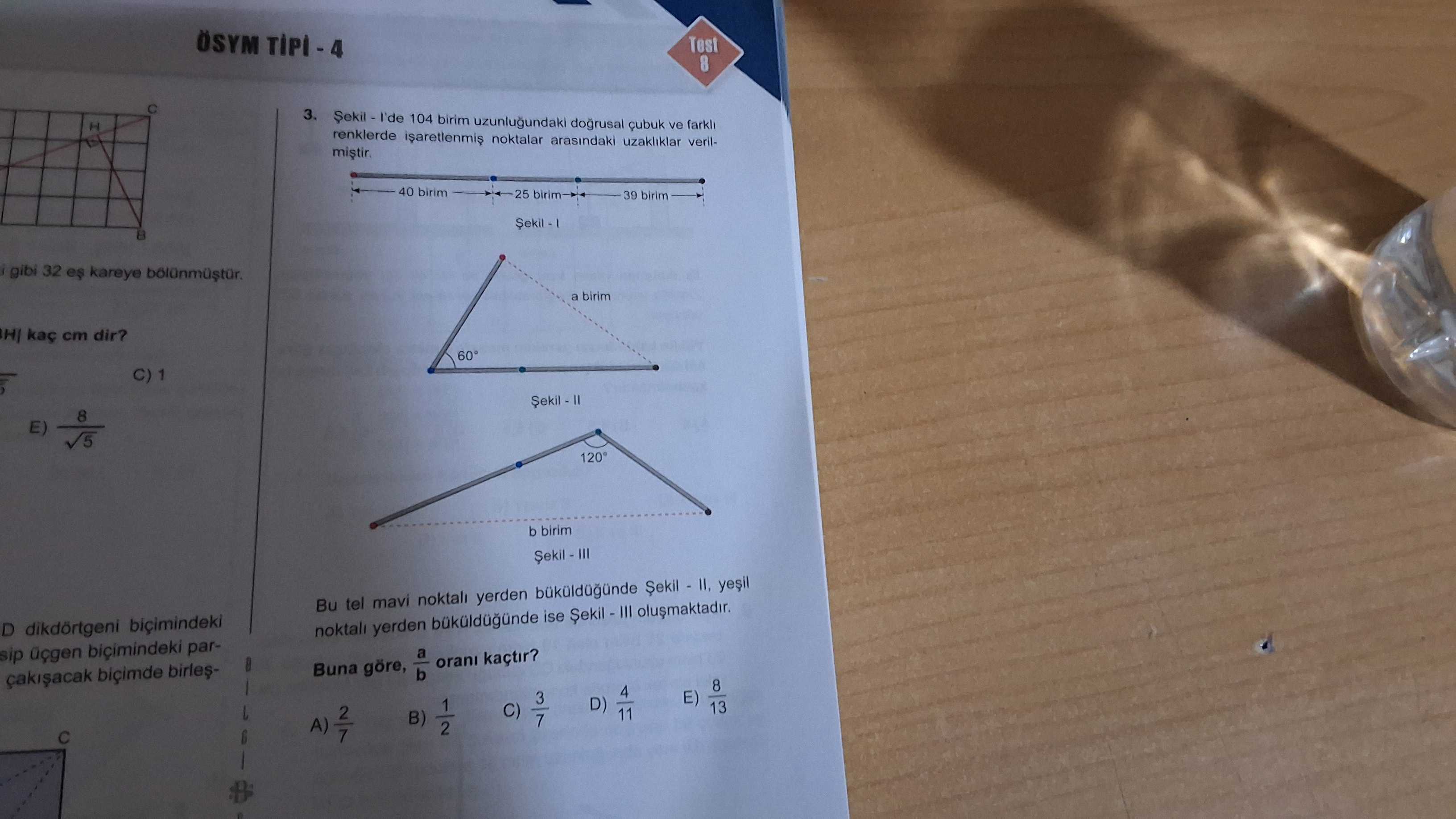 Şekil - I'de 104 birim uzunluğundaki doğrusal çubuk ve farklı renklerde işaretlenmiş noktalar