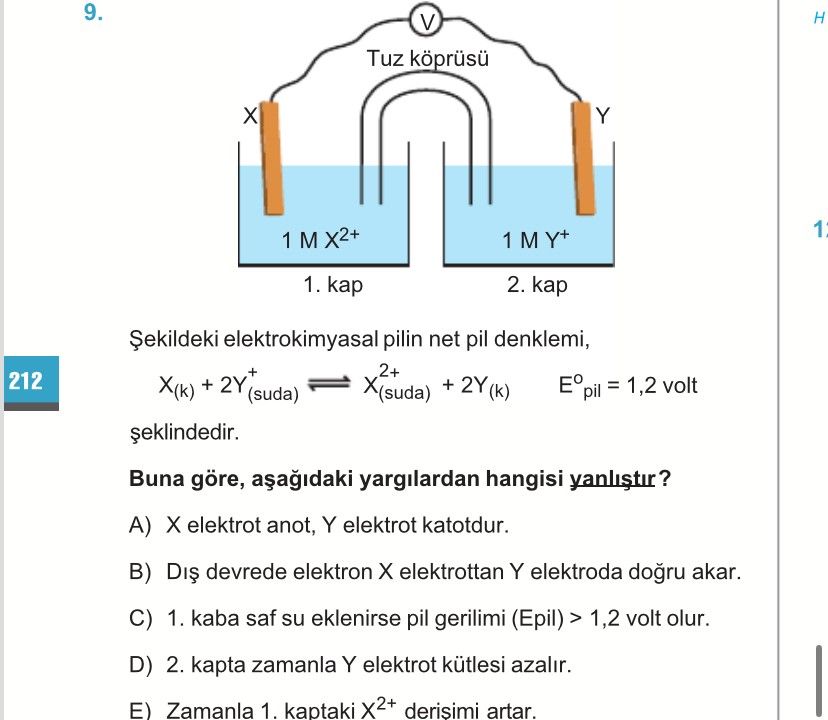 Şekildeki elektrokimyasal pilin net pil denklemi, X₍k₎ + 2Y⁺₍suda₎ ⇌ X²⁺₍suda₎ + 2Y₍k₎ E°pil = 1,2