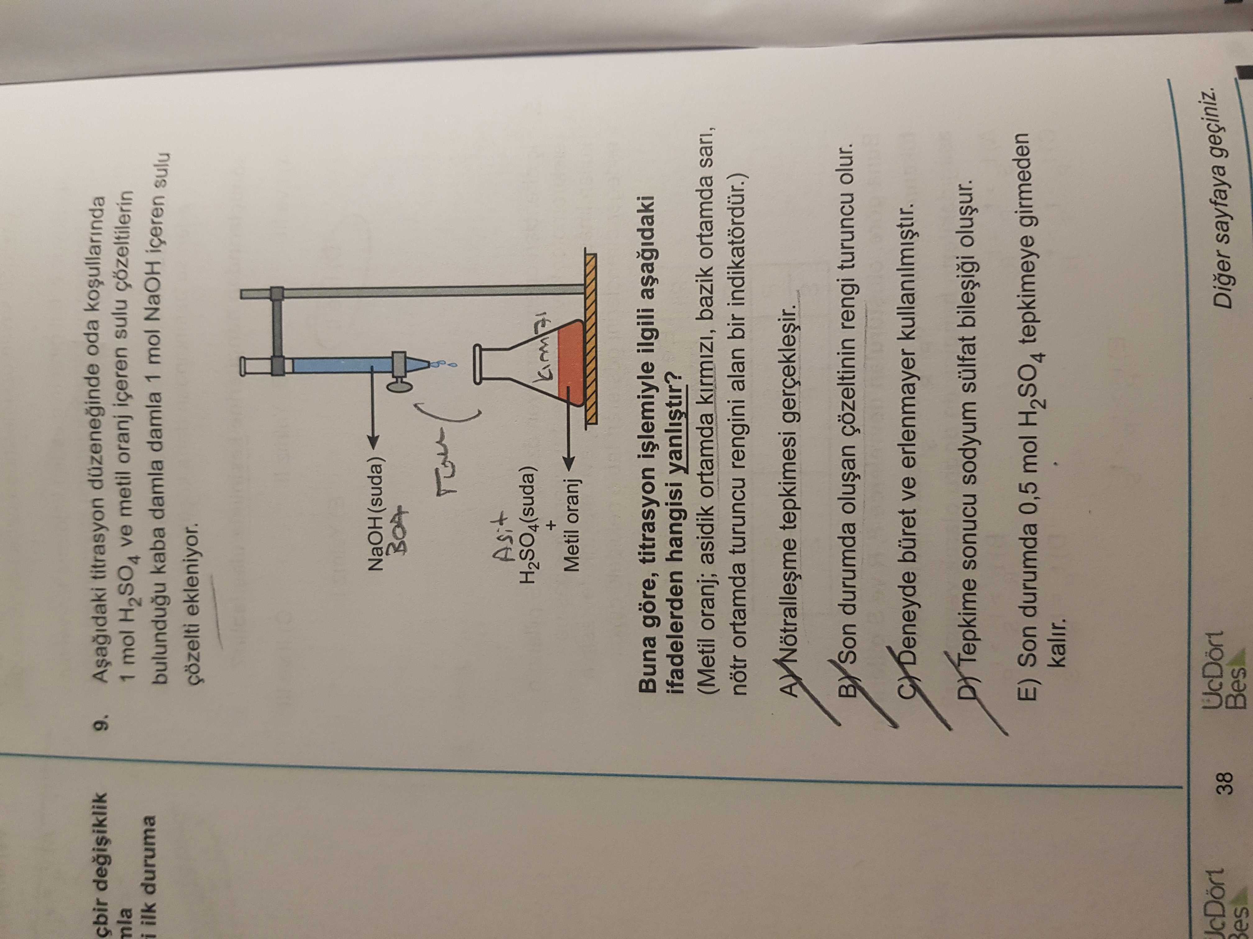 Aşağıdaki titrasyon düzeneğinde oda koşullarında 1 mol H₂SO₄ ve metil oranj içeren sulu çözeltilerin