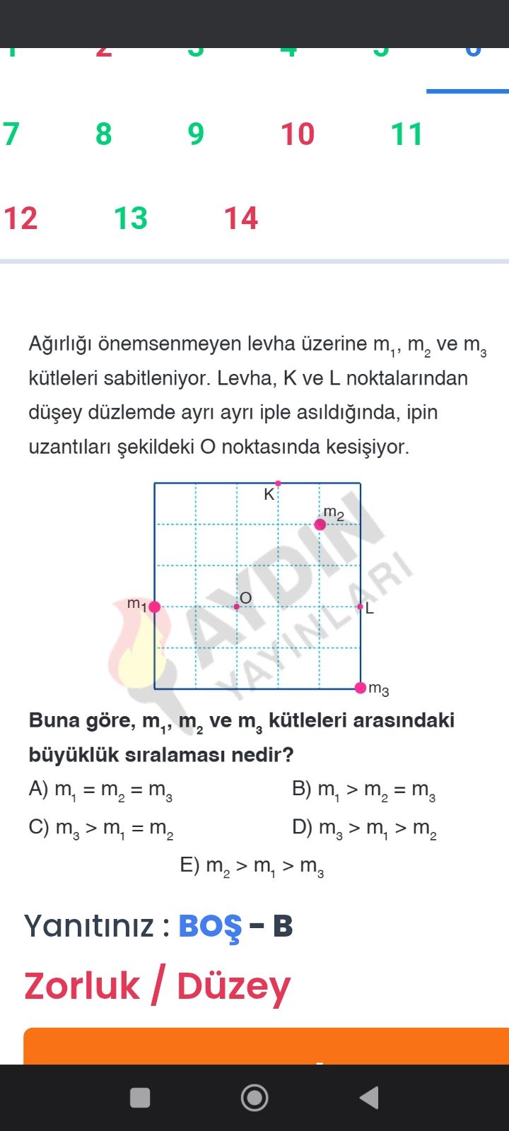 Ağırlığı önemsenmeyen levha üzerine m₁, m₂ ve m₃ kütleleri sabitleniyor. Levha, K ve L noktalarından