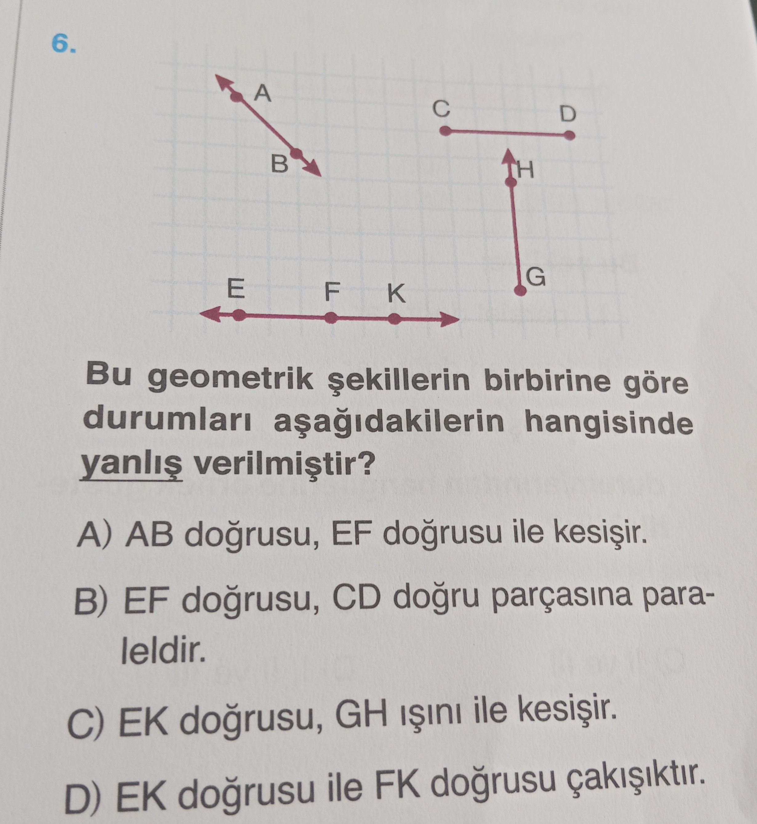 Bu geometrik şekillerin birbirine göre durumları aşağıdakilerin hangisinde yanlış verilmiştir?