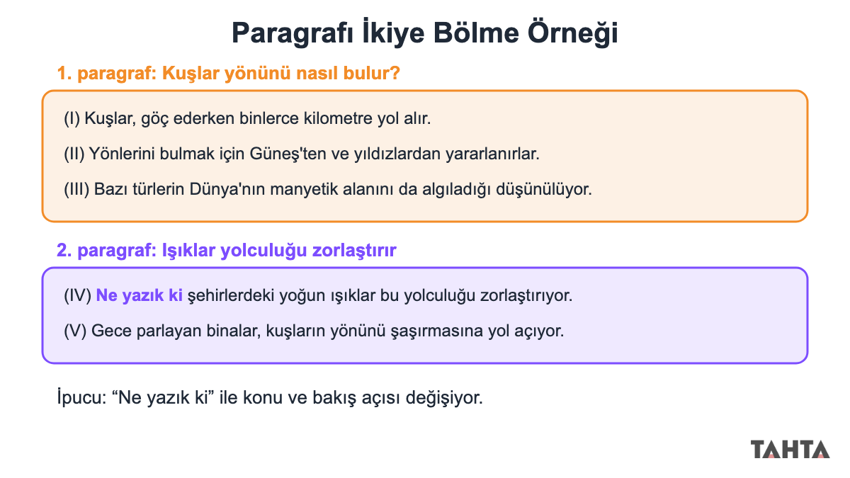 Paragrafı ikiye bölme örneği: kuşların yön bulması ve ışıkların zararı iki ayrı renkli blokta