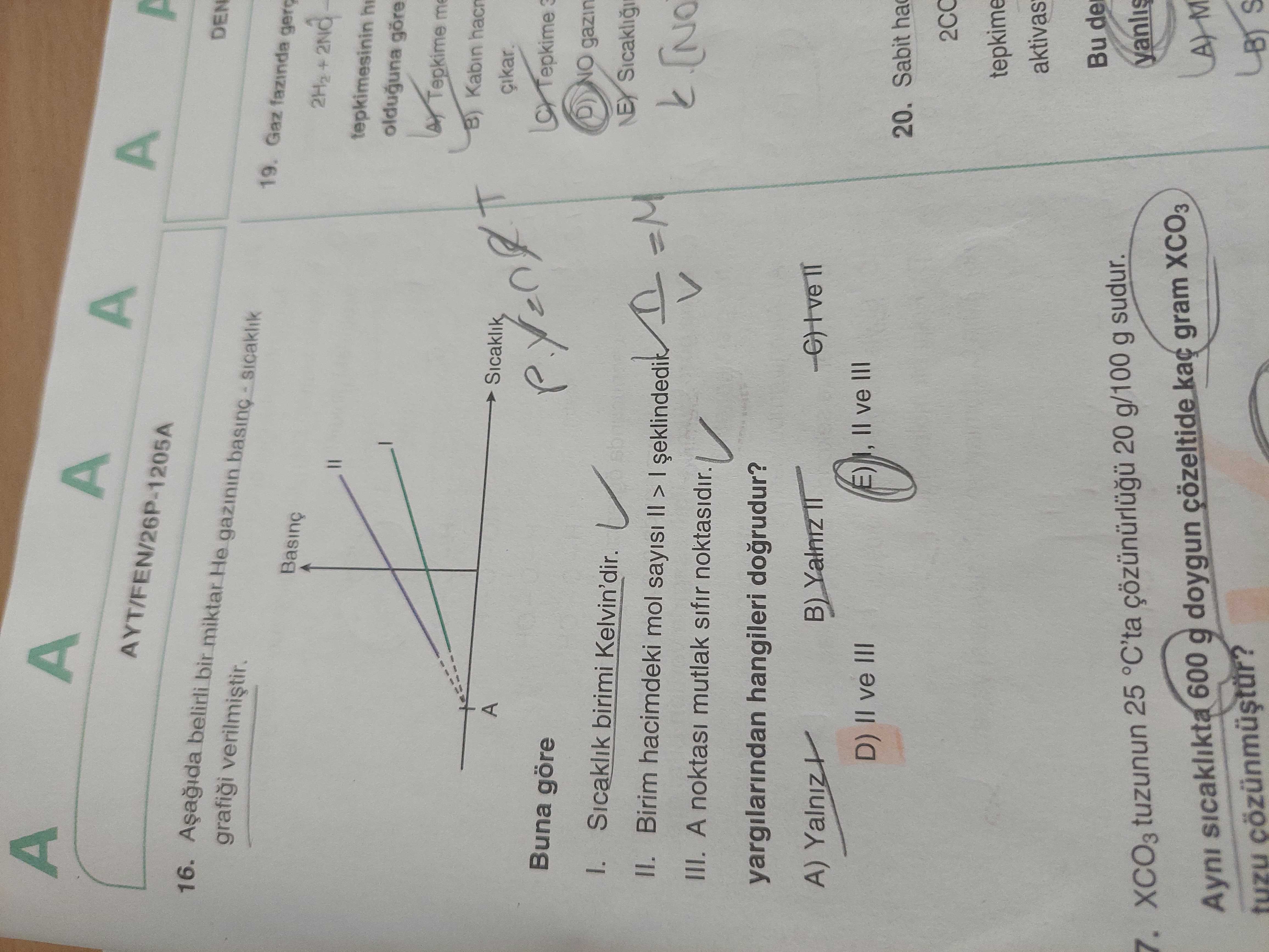 Aşağıda belirli bir miktar He gazının basınç - sıcaklık grafiği verilmiştir. Buna göre I. Sıcaklık