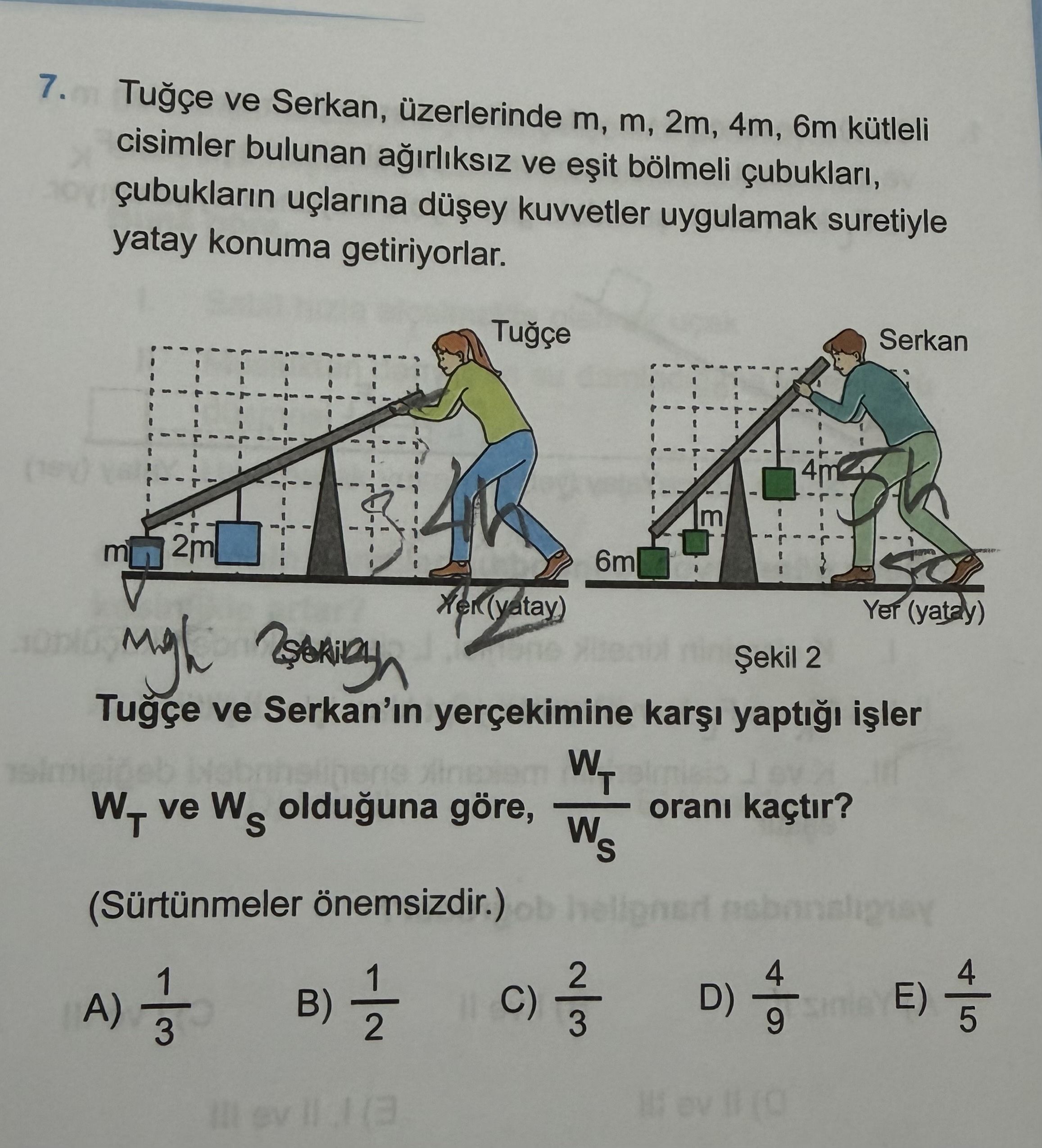 Tuğçe ve Serkan, üzerlerinde m, m, 2m, 4m, 6m kütleli cisimler bulunan ağırlıksız ve eşit bölmeli