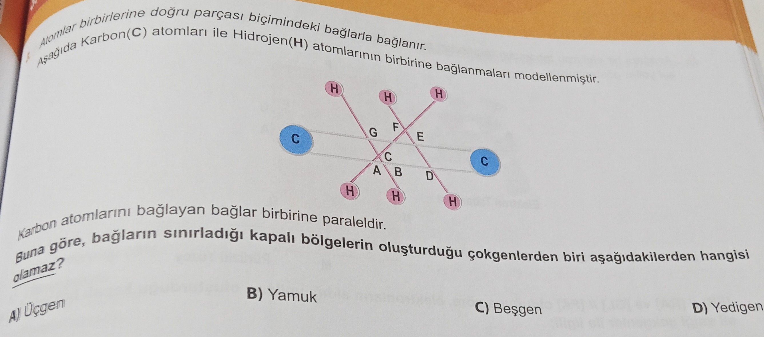 Atomlar birbirlerine doğru parçası biçimindeki bağlarla bağlanır. Aşağıda Karbon(C) atomları ile