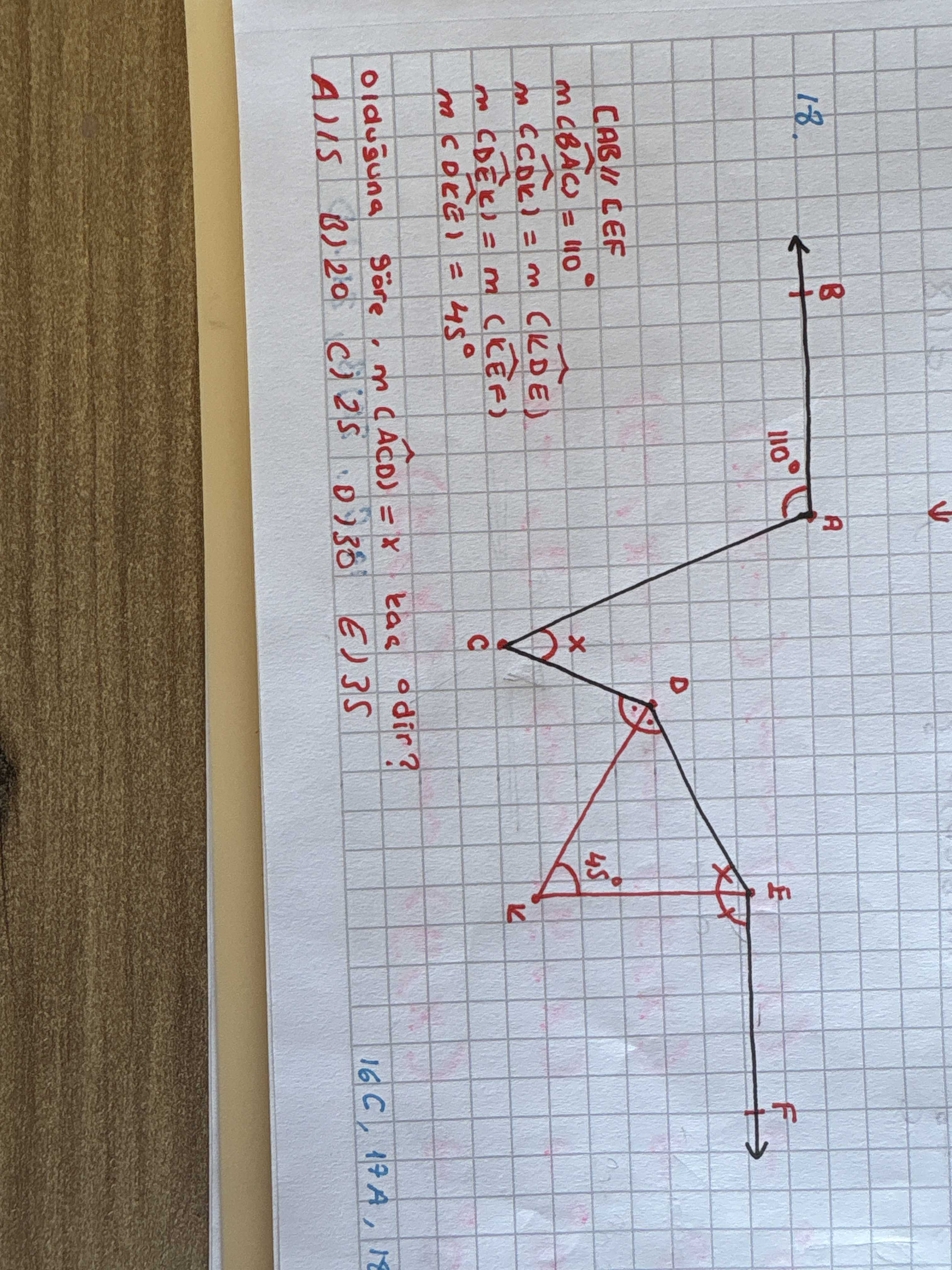 CAB // CEF m(∠BAC) = 110° m(∠CDL) = m(∠KDE) m(∠DEL) = m(∠KEF) m(∠DEG) = 45° olduğuna göre, m(∠ACD) =