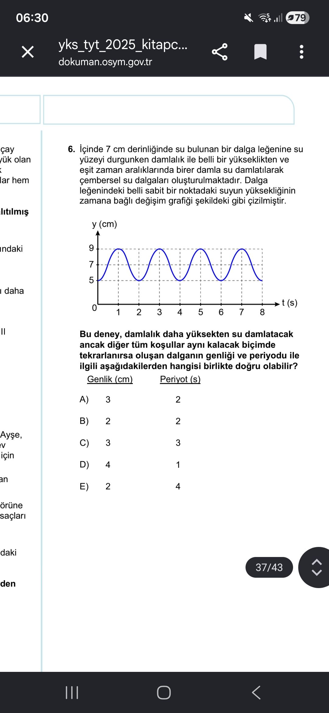 İçinde 7 cm derinliğinde su bulunan bir dalga leğenine su yüzeyi durgunken damlalık ile belli bir