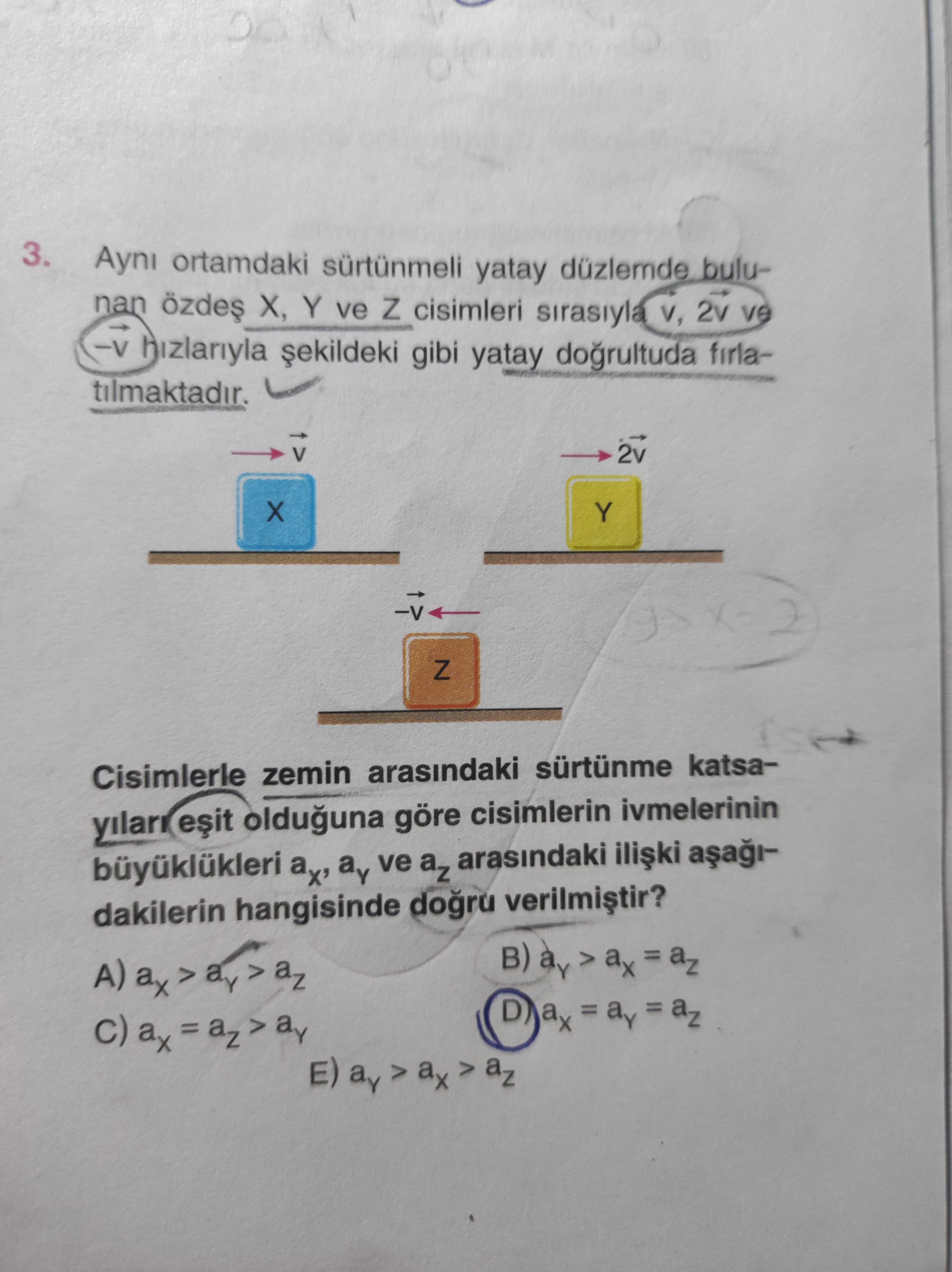 Aynı ortamdaki sürtünmeli yatay düzlemde bulunan özdeş X, Y ve Z cisimleri sırasıyla v, 2v ve -v