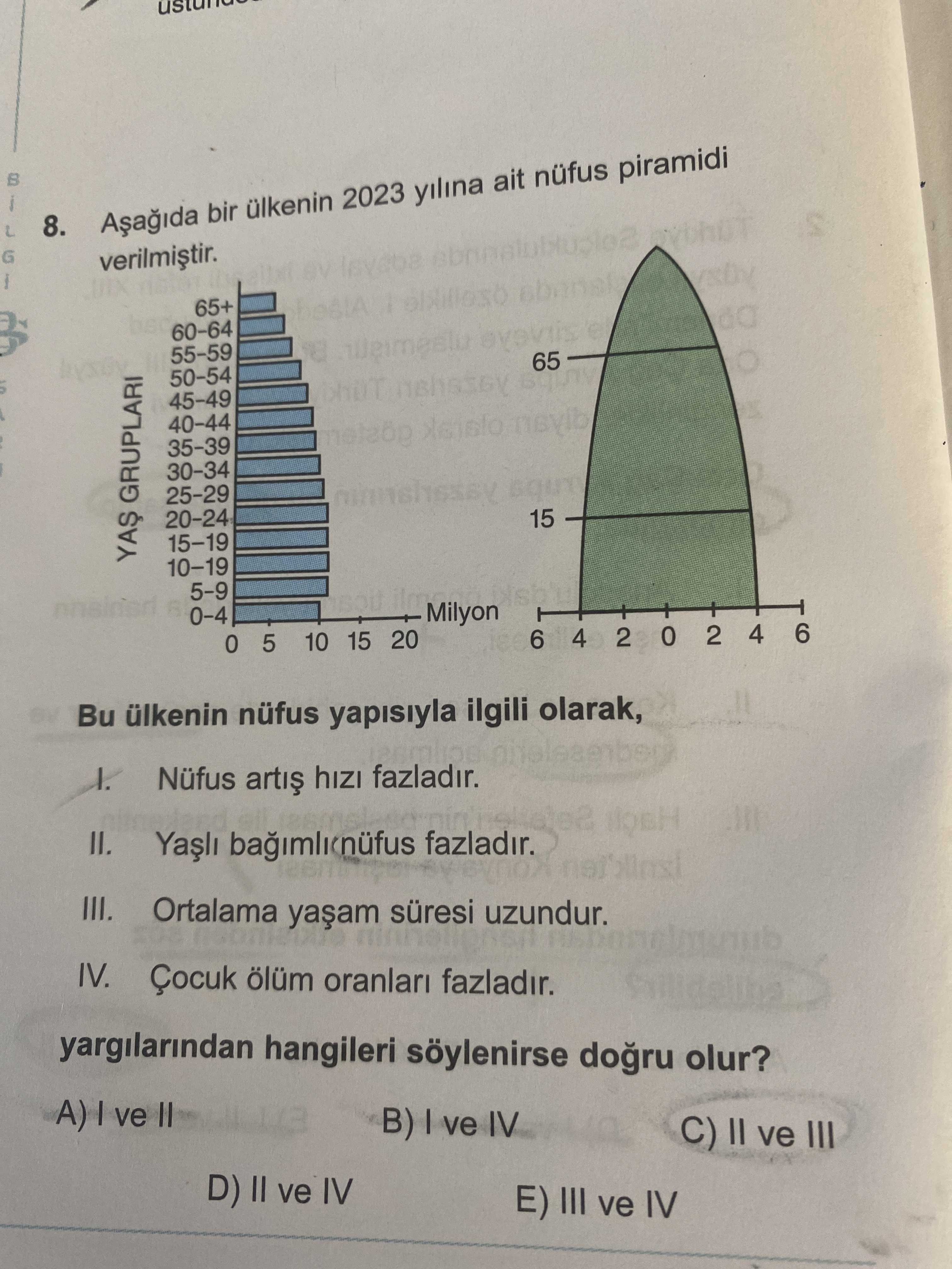 Aşağıda bir ülkenin 2023 yılına ait nüfus piramidi verilmiştir. Bu ülkenin nüfus yapısıyla ilgili