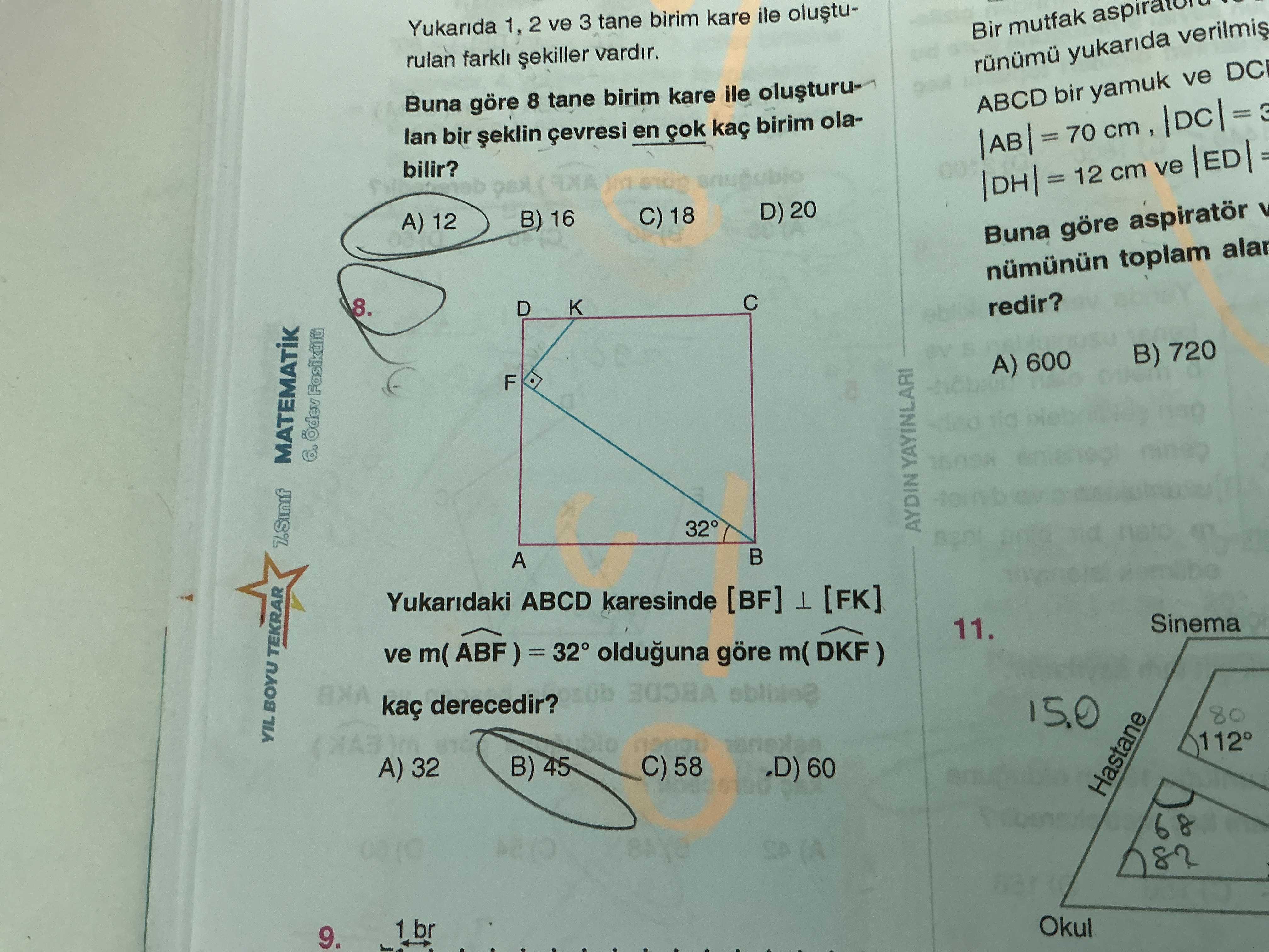 Yukarıdaki ABCD karesinde [BF] ⊥ [FK] ve m( ABF ) = 32° olduğuna göre m( DKF ) kaç derecedir?
